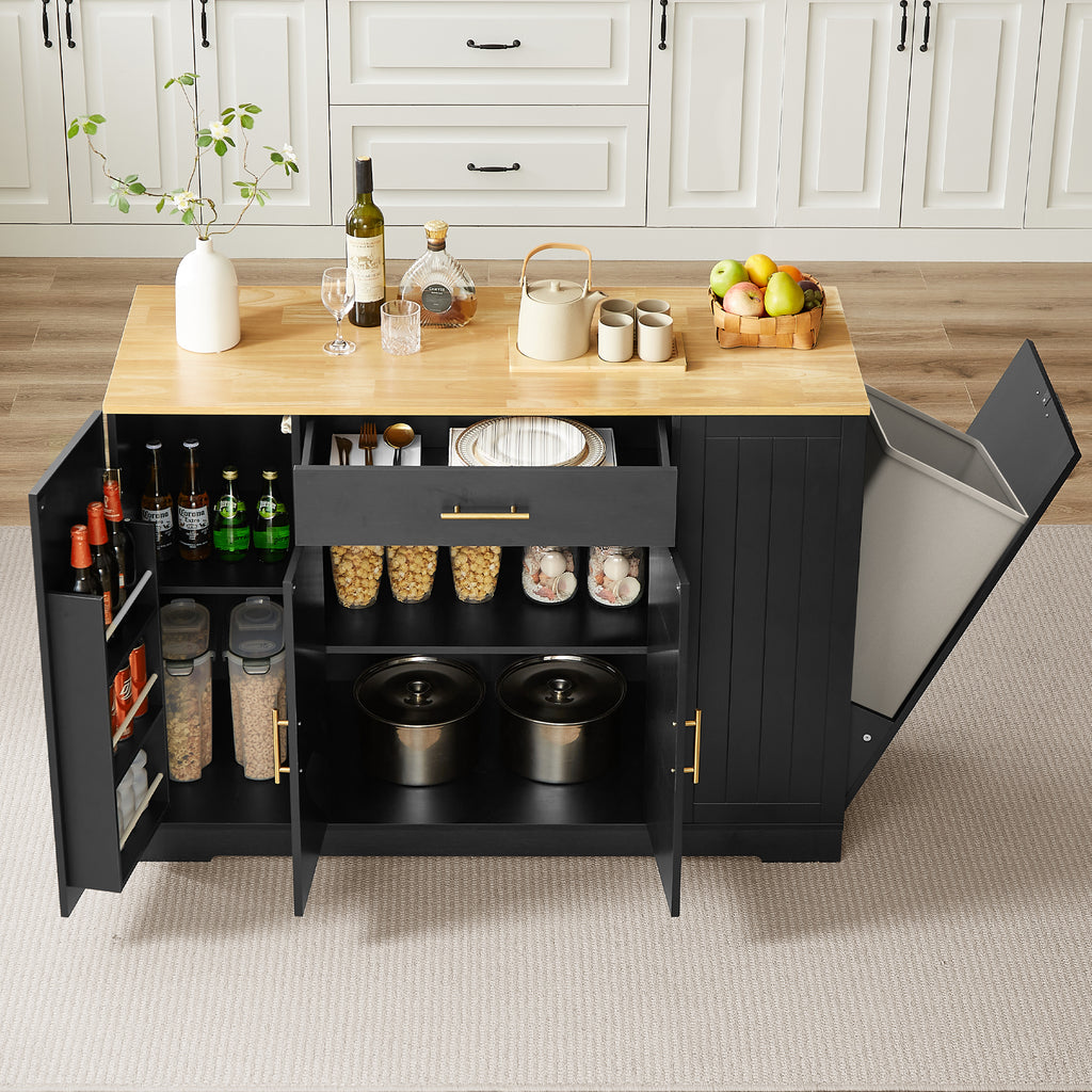 Kenvary Kitchen Island with Tilt-Out Trash Bin Cabinet, Mobile Storage Cart with Wood Top, Large Drawer & Adjustable Shelves, Free-Standing Spice Rack Buffet Cabinet for Home Kitchen