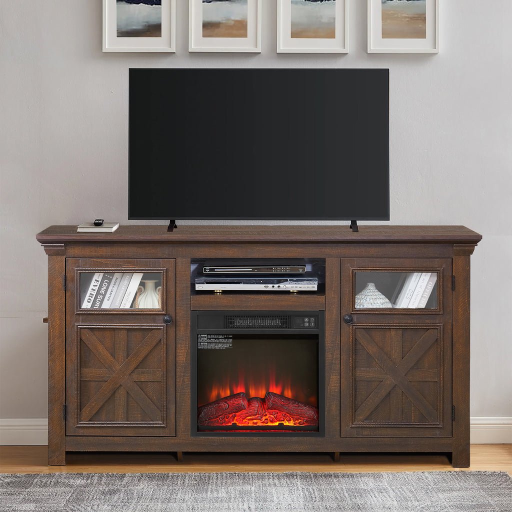 Kenvary 60" Farmhouse Fireplace TV Stand, Rustic Wood Entertainment Center with 18" Electric Fireplace, Media Console Table with Glass Barn Doors for TV up to 65"