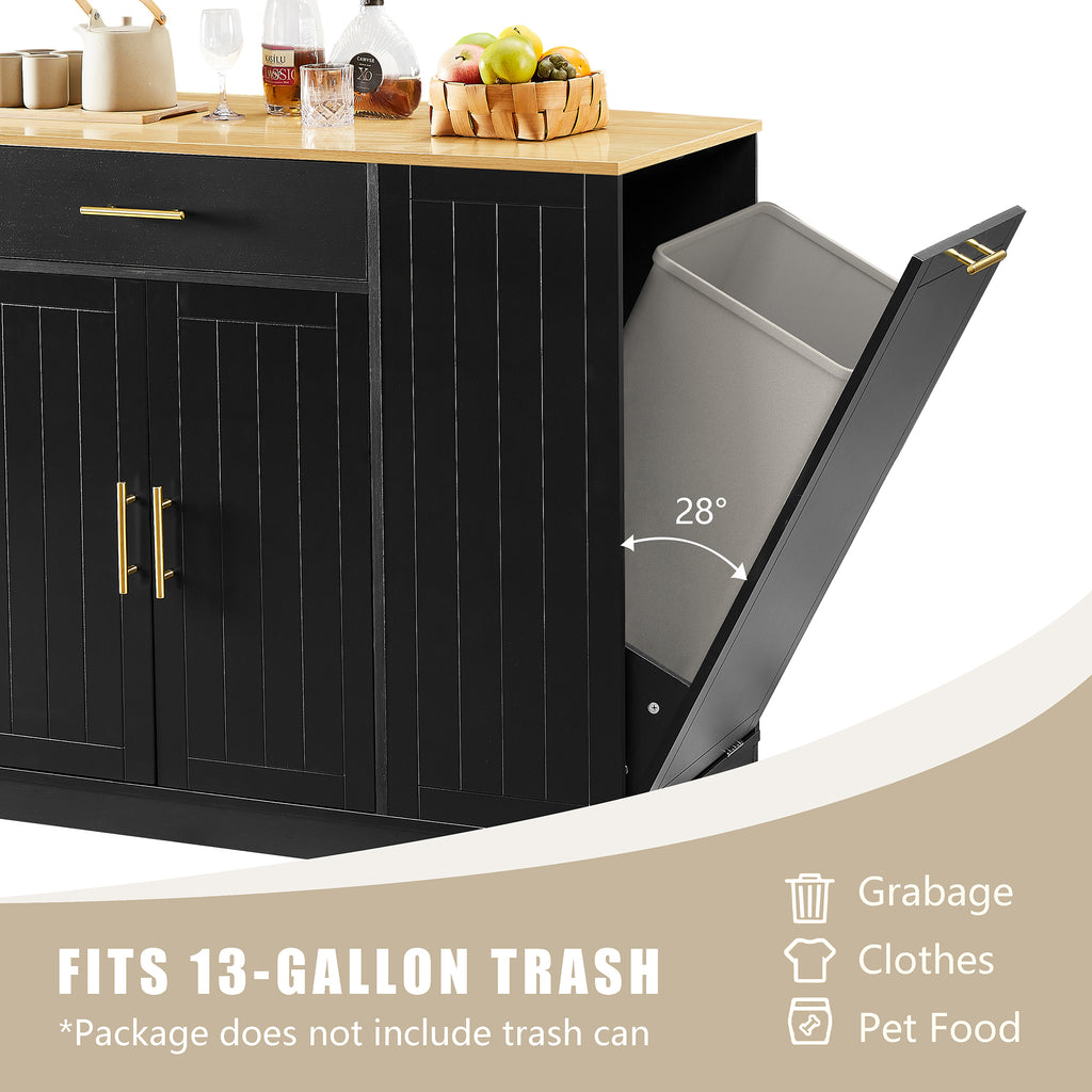 Kenvary Kitchen Island with Tilt-Out Trash Bin Cabinet, Mobile Storage Cart with Wood Top, Large Drawer & Adjustable Shelves, Free-Standing Spice Rack Buffet Cabinet for Home Kitchen