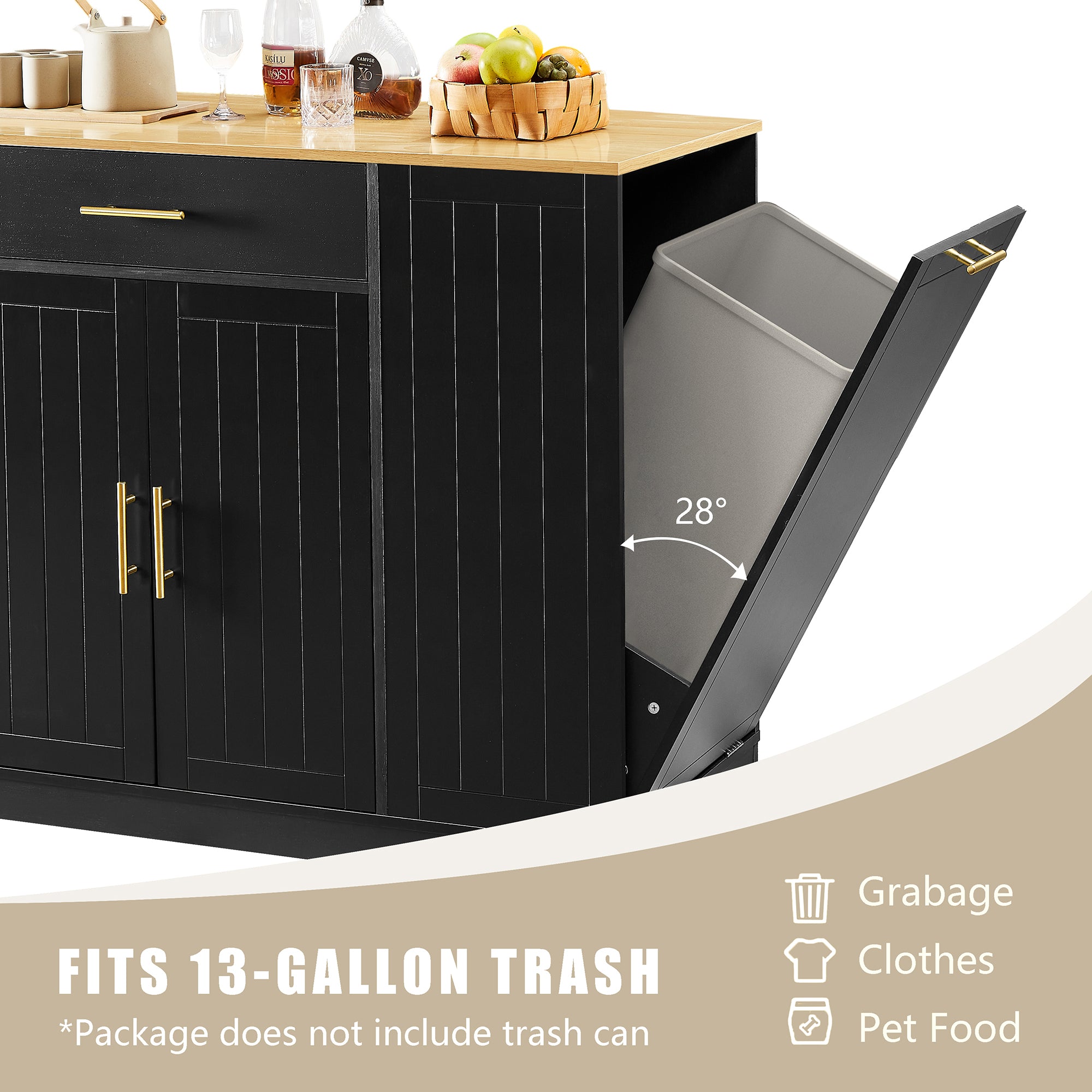 Kenvary Kitchen Island with Tilt-Out Trash Bin Cabinet, Mobile Storage Cart with Wood Top, Large Drawer & Adjustable Shelves, Free-Standing Spice Rack Buffet Cabinet for Home Kitchen