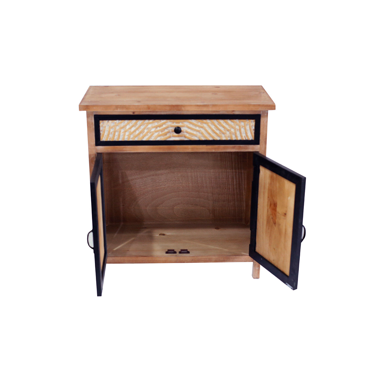 Kenvary Rustic Hand-Carved Accent Storage Cabinet, Bohemian Mid-Century 2-Door Sideboard with 1 Drawer, Textured Sunburst Wood Credenza Console Table for Entryway, Living Room & Bedroom