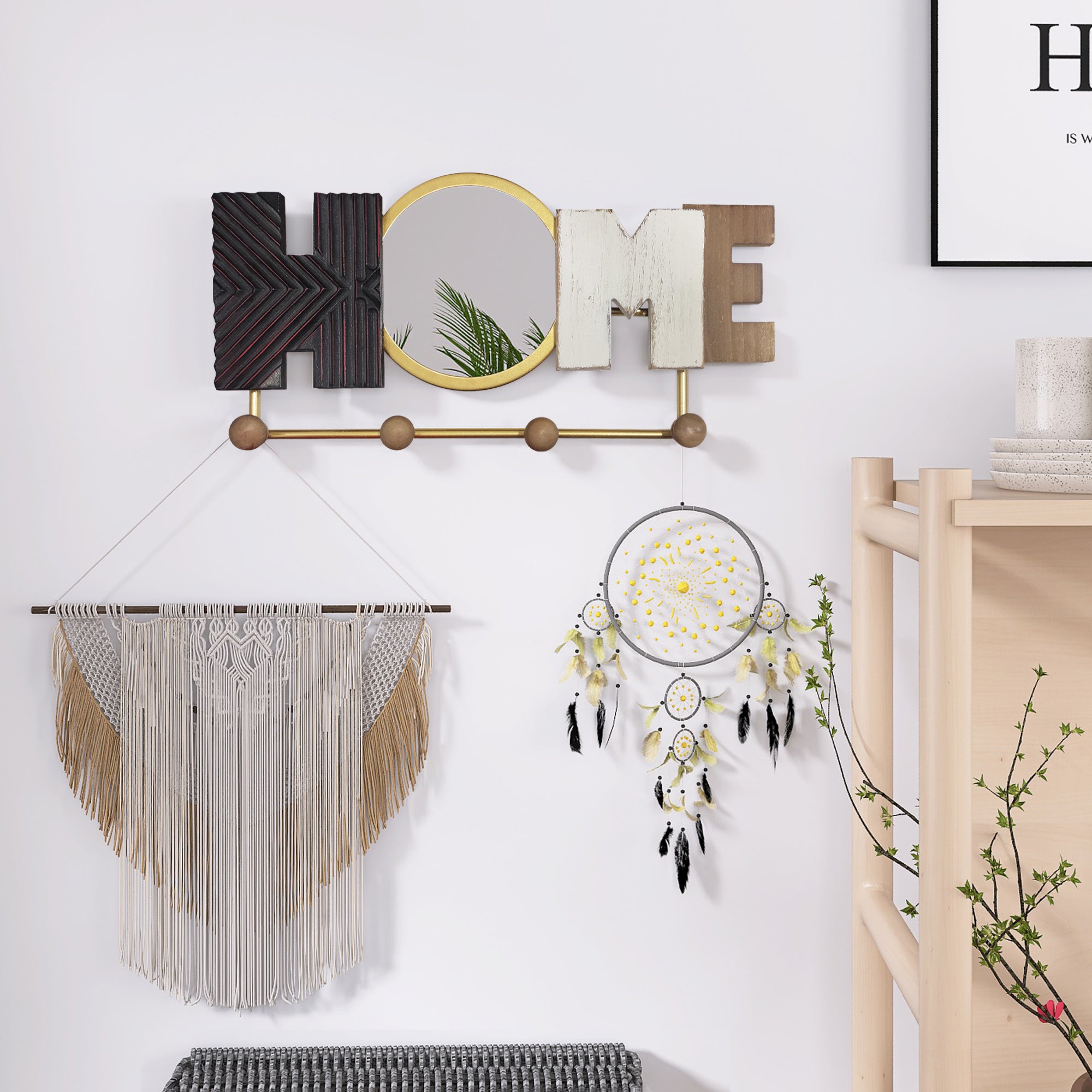 Kenvary Rustic Wood "HOME" Wall Key Holder, Decorative Entryway Coat Rack with Mirror & 4 Hooks, Vintage Multi-Texture Sign for Mudroom & Foyer