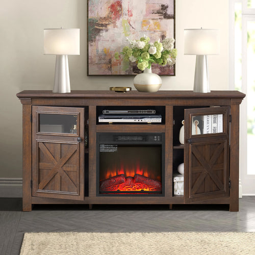 Kenvary 60" Farmhouse Fireplace TV Stand, Rustic Wood Entertainment Center with 18" Electric Fireplace, Media Console Table with Glass Barn Doors for TV up to 65"