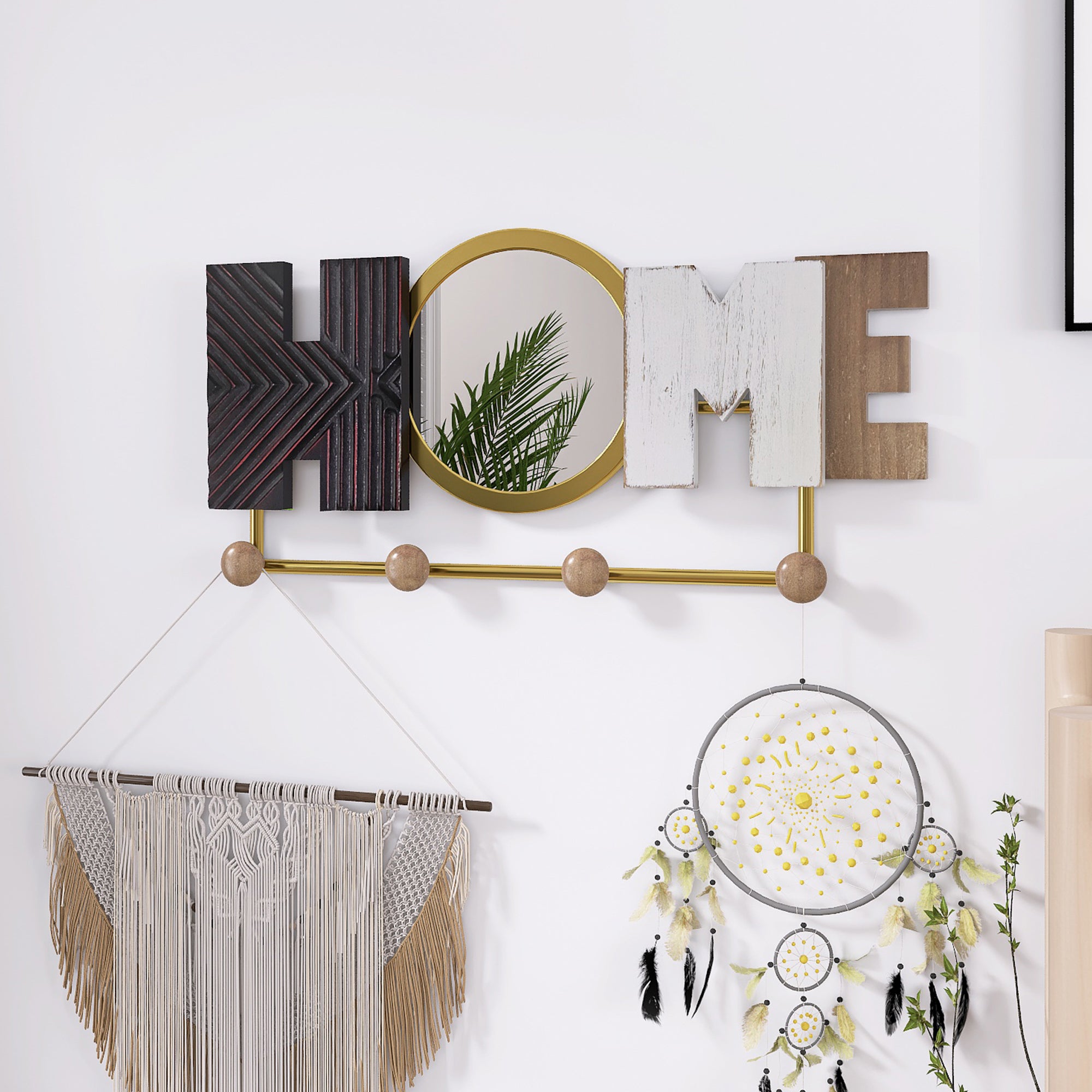 Kenvary Rustic Wood "HOME" Wall Key Holder, Decorative Entryway Coat Rack with Mirror & 4 Hooks, Vintage Multi-Texture Sign for Mudroom & Foyer