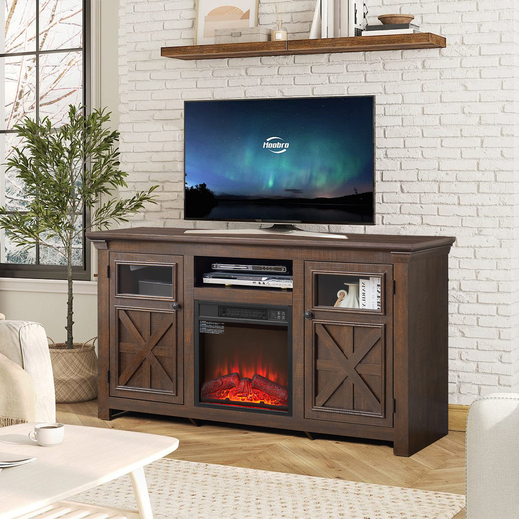 Kenvary 60" Farmhouse Fireplace TV Stand, Rustic Wood Entertainment Center with 18" Electric Fireplace, Media Console Table with Glass Barn Doors for TV up to 65"