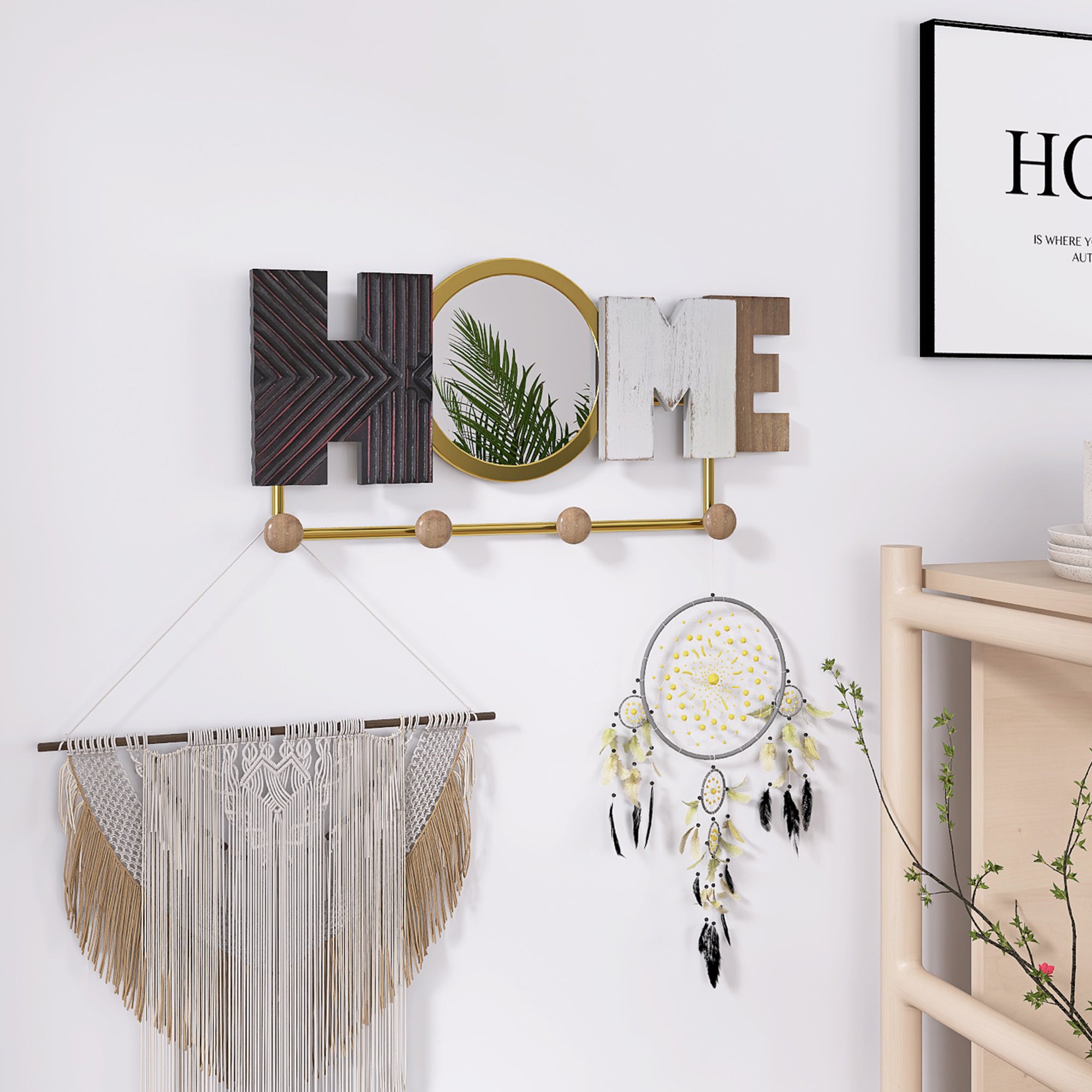 Kenvary Rustic Wood "HOME" Wall Key Holder, Decorative Entryway Coat Rack with Mirror & 4 Hooks, Vintage Multi-Texture Sign for Mudroom & Foyer