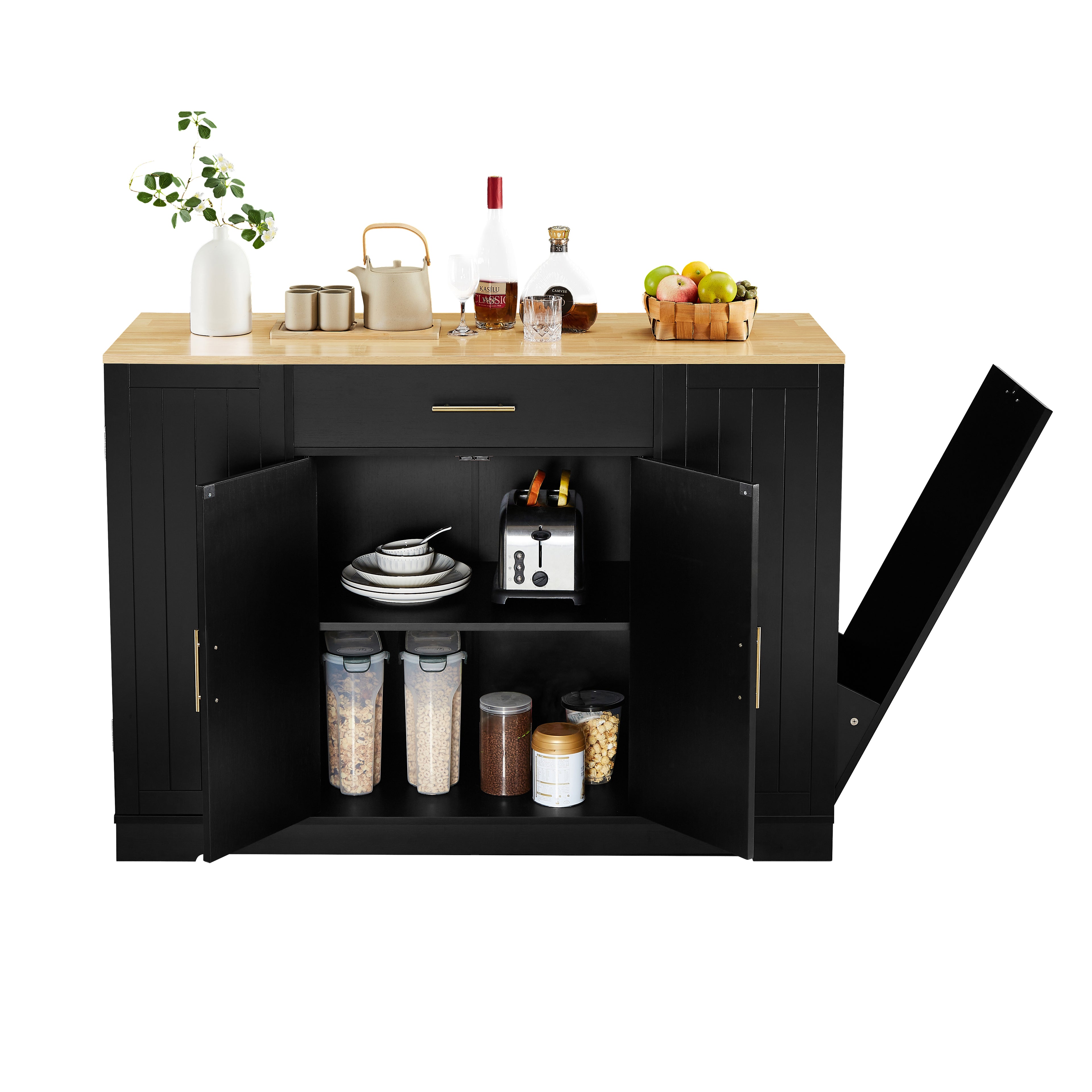 Kenvary Kitchen Island with Tilt-Out Trash Bin Cabinet, Mobile Storage Cart with Wood Top, Large Drawer & Adjustable Shelves, Free-Standing Spice Rack Buffet Cabinet for Home Kitchen