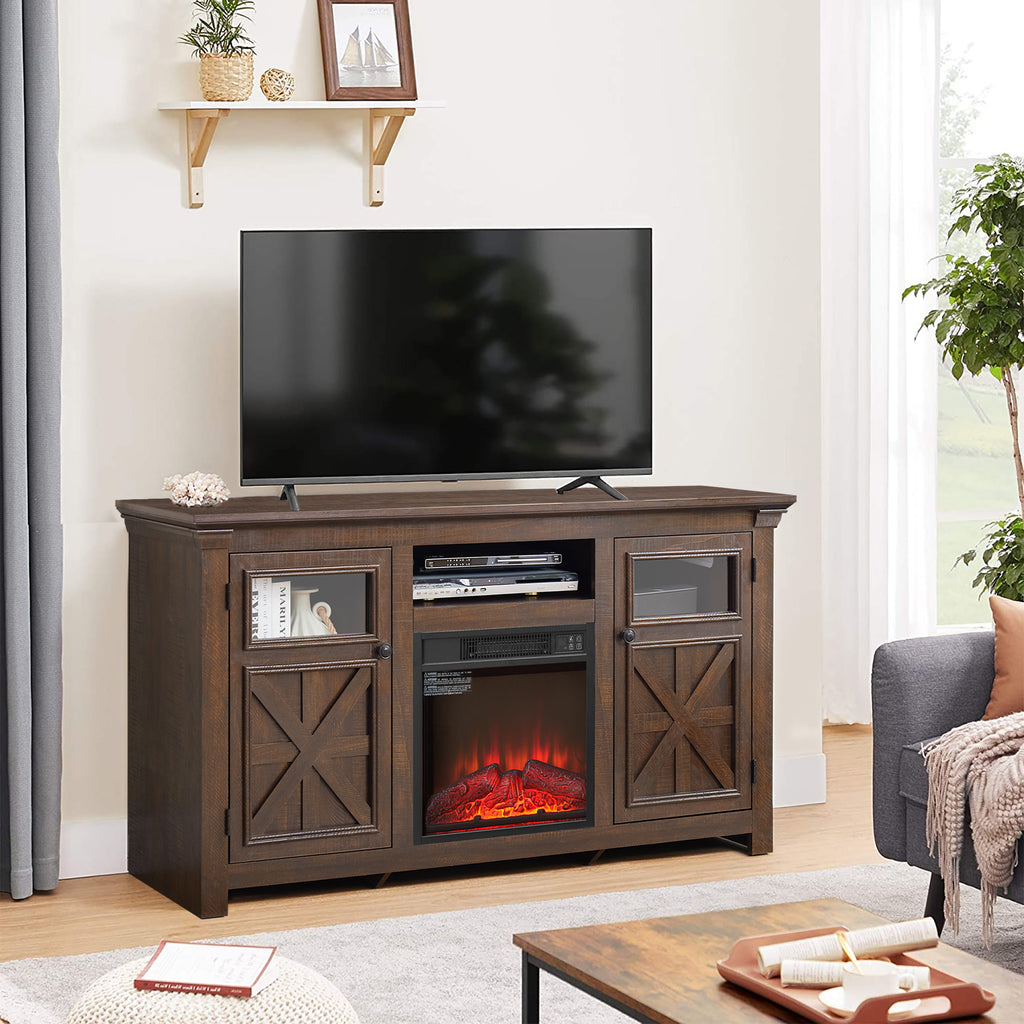 Kenvary 60" Farmhouse Fireplace TV Stand, Rustic Wood Entertainment Center with 18" Electric Fireplace, Media Console Table with Glass Barn Doors for TV up to 65"