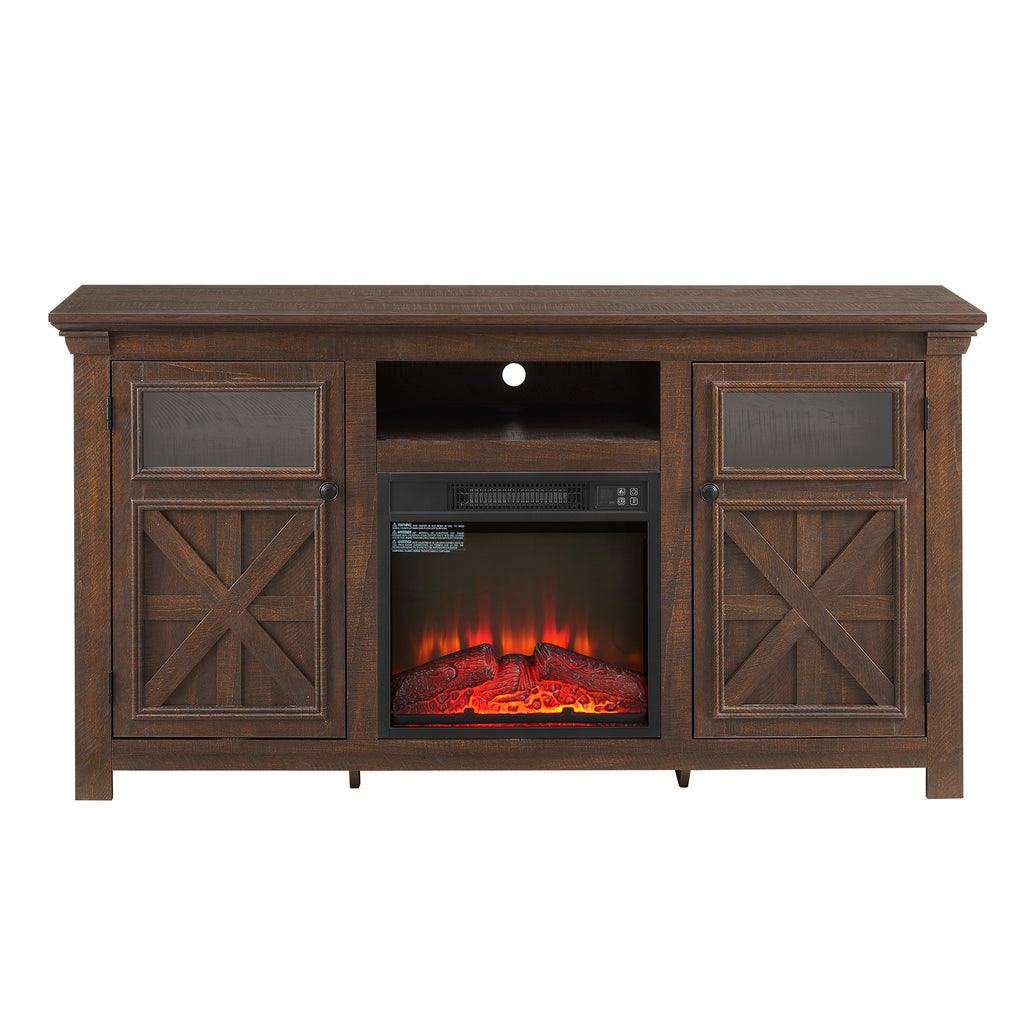 Kenvary 60" Farmhouse Fireplace TV Stand, Rustic Wood Entertainment Center with 18" Electric Fireplace, Media Console Table with Glass Barn Doors for TV up to 65"