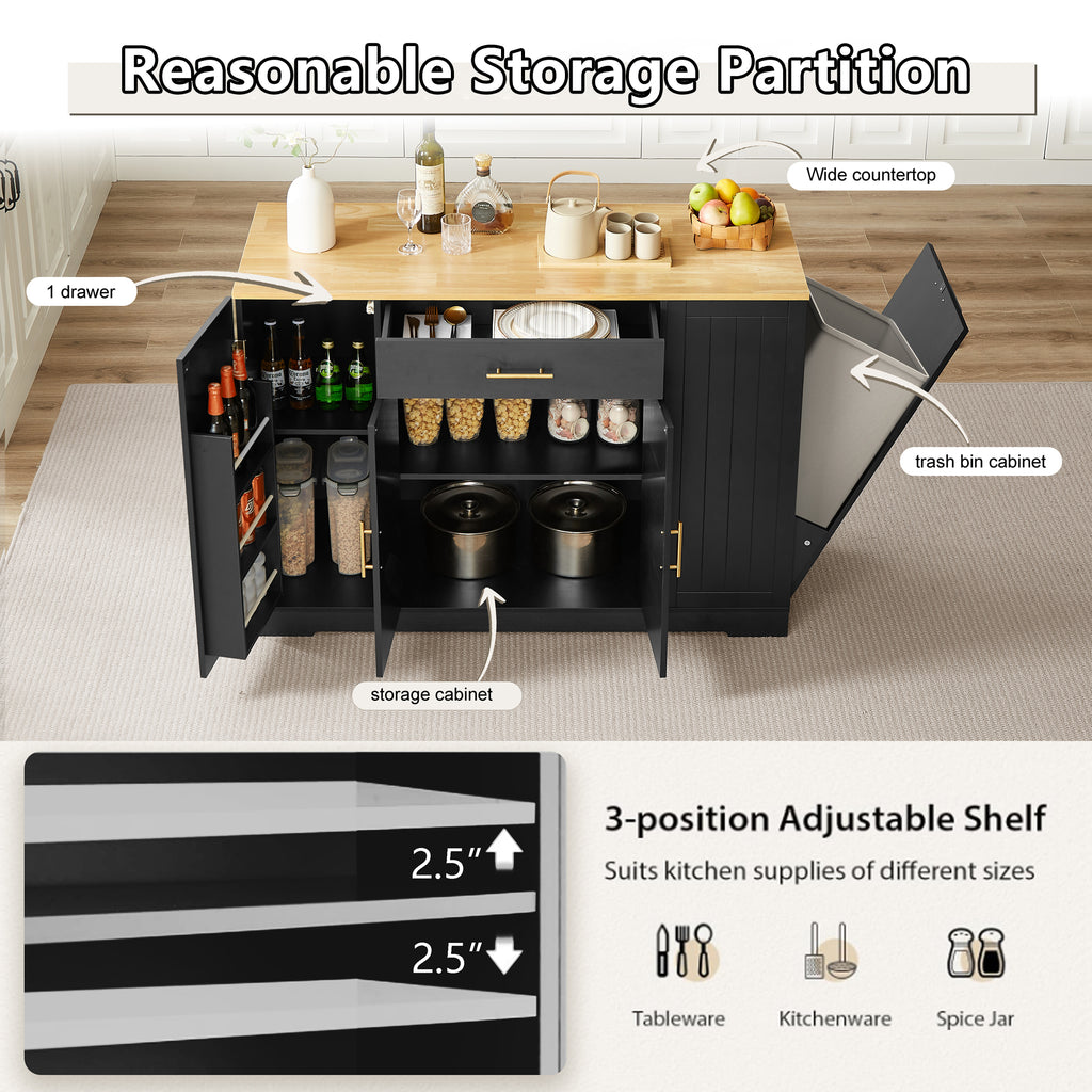 Kenvary Kitchen Island with Tilt-Out Trash Bin Cabinet, Mobile Storage Cart with Wood Top, Large Drawer & Adjustable Shelves, Free-Standing Spice Rack Buffet Cabinet for Home Kitchen