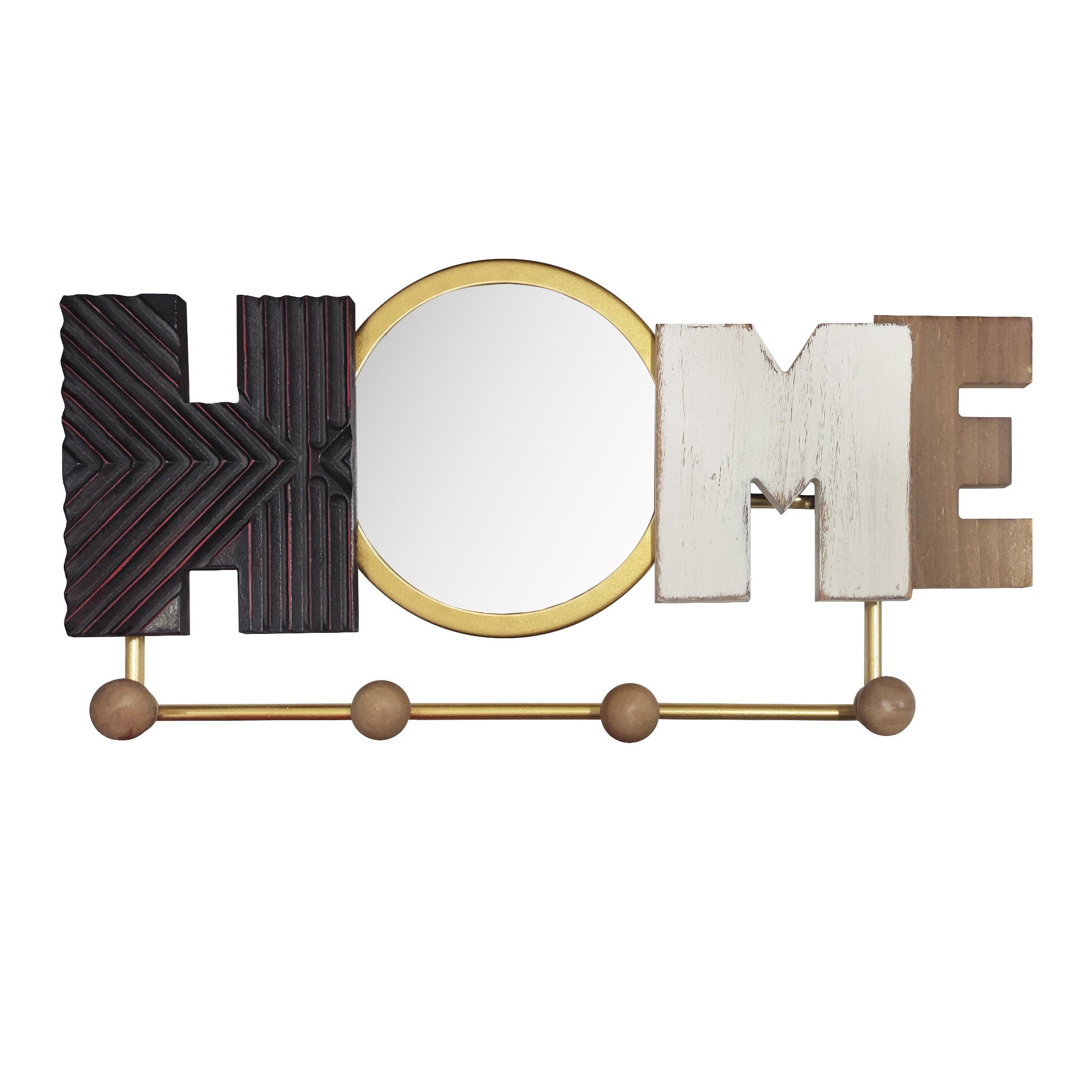 Kenvary Rustic Wood "HOME" Wall Key Holder, Decorative Entryway Coat Rack with Mirror & 4 Hooks, Vintage Multi-Texture Sign for Mudroom & Foyer