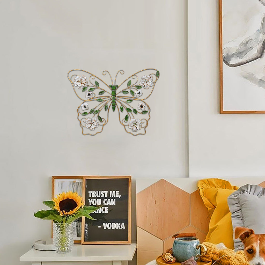 Kenvary 24" Gold Metal Butterfly Wall Art Decor with Distressed White Flowers & Green Leaves, 3D Hanging Sculpture for Living Room & Bedroom