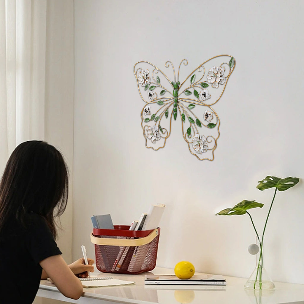 Kenvary 24" Gold Metal Butterfly Wall Art Decor with Distressed White Flowers & Green Leaves, 3D Hanging Sculpture for Living Room & Bedroom