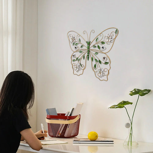 Kenvary 24" Gold Metal Butterfly Wall Art Decor with Distressed White Flowers & Green Leaves, 3D Hanging Sculpture for Living Room & Bedroom
