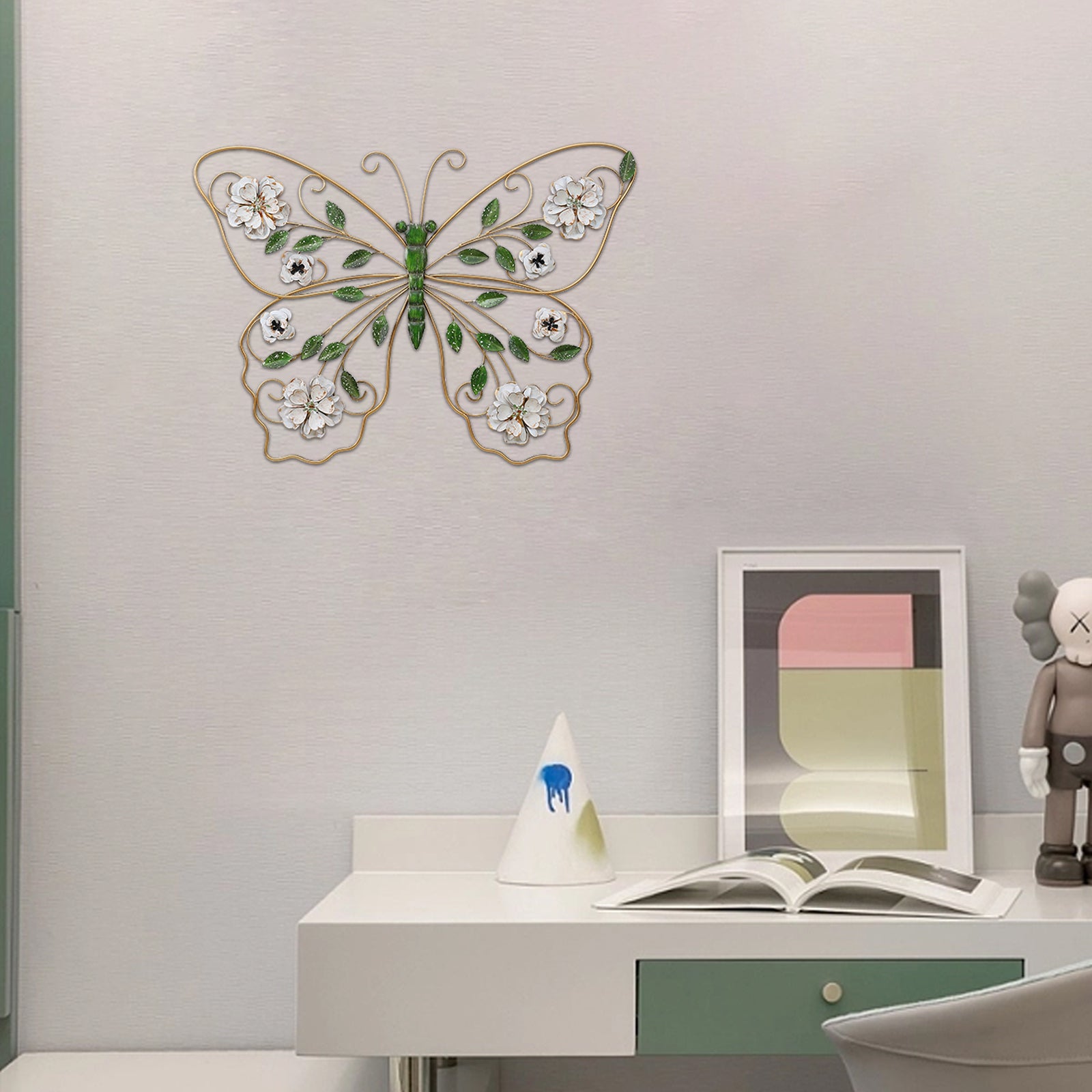 Kenvary 24" Gold Metal Butterfly Wall Art Decor with Distressed White Flowers & Green Leaves, 3D Hanging Sculpture for Living Room & Bedroom