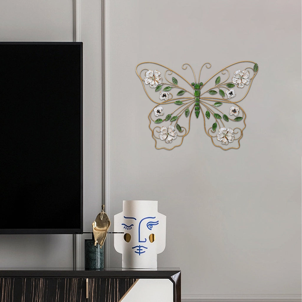 Kenvary 24" Gold Metal Butterfly Wall Art Decor with Distressed White Flowers & Green Leaves, 3D Hanging Sculpture for Living Room & Bedroom