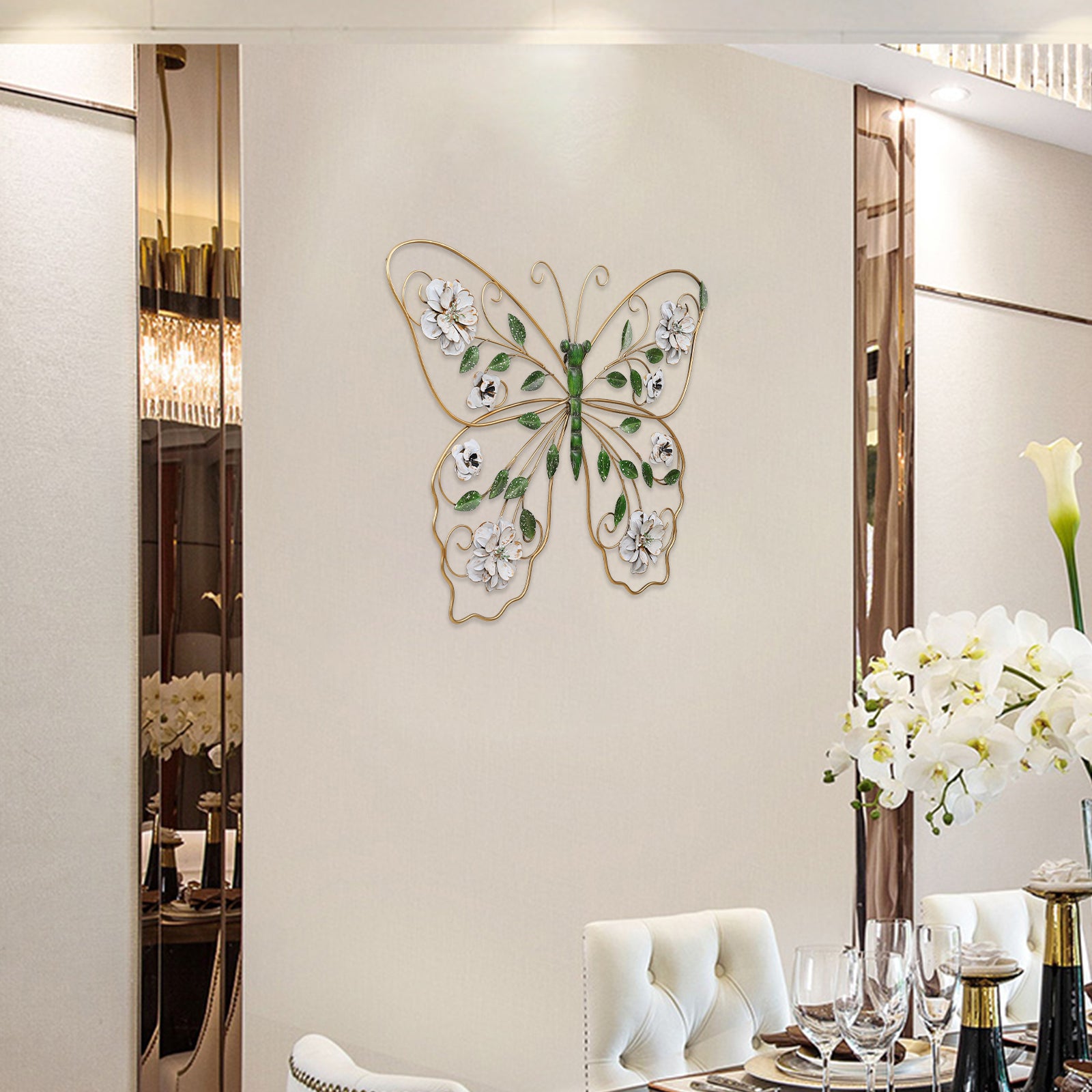 Kenvary 24" Gold Metal Butterfly Wall Art Decor with Distressed White Flowers & Green Leaves, 3D Hanging Sculpture for Living Room & Bedroom