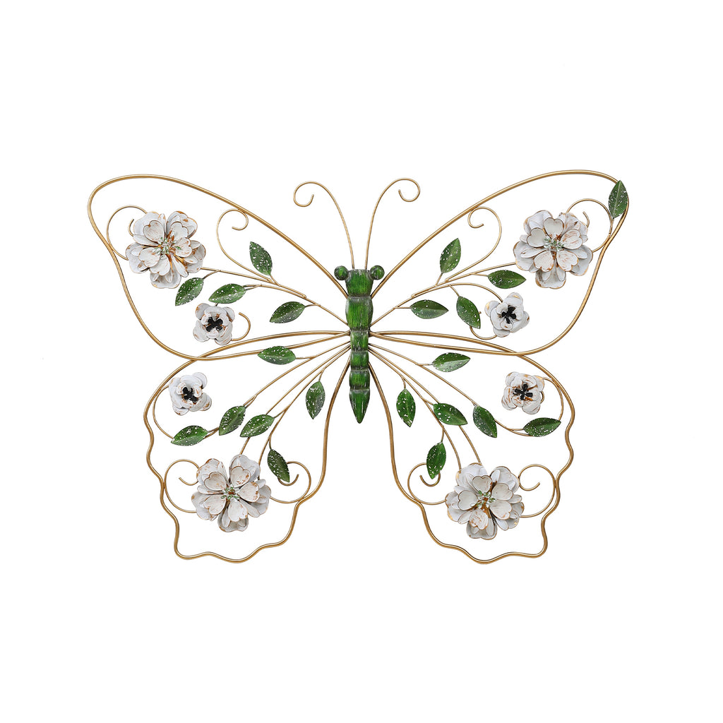 Kenvary 24" Gold Metal Butterfly Wall Art Decor with Distressed White Flowers & Green Leaves, 3D Hanging Sculpture for Living Room & Bedroom