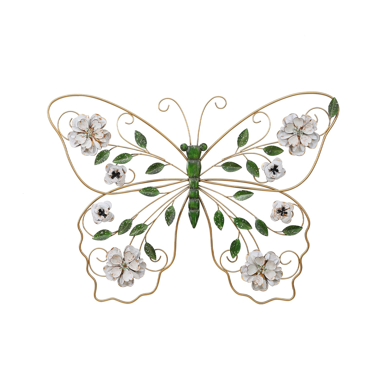 Kenvary 24" Gold Metal Butterfly Wall Art Decor with Distressed White Flowers & Green Leaves, 3D Hanging Sculpture for Living Room & Bedroom