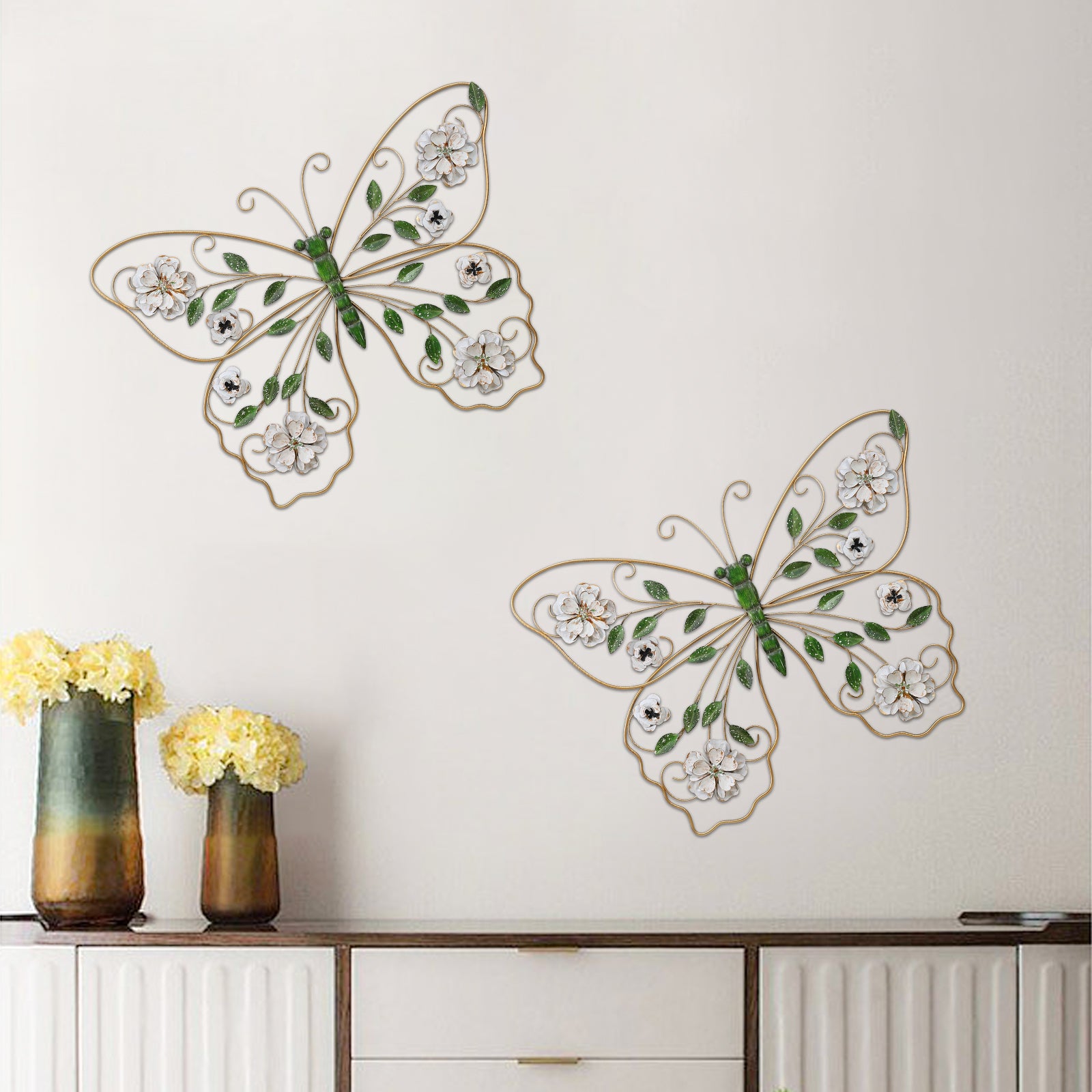 Kenvary 24" Gold Metal Butterfly Wall Art Decor with Distressed White Flowers & Green Leaves, 3D Hanging Sculpture for Living Room & Bedroom