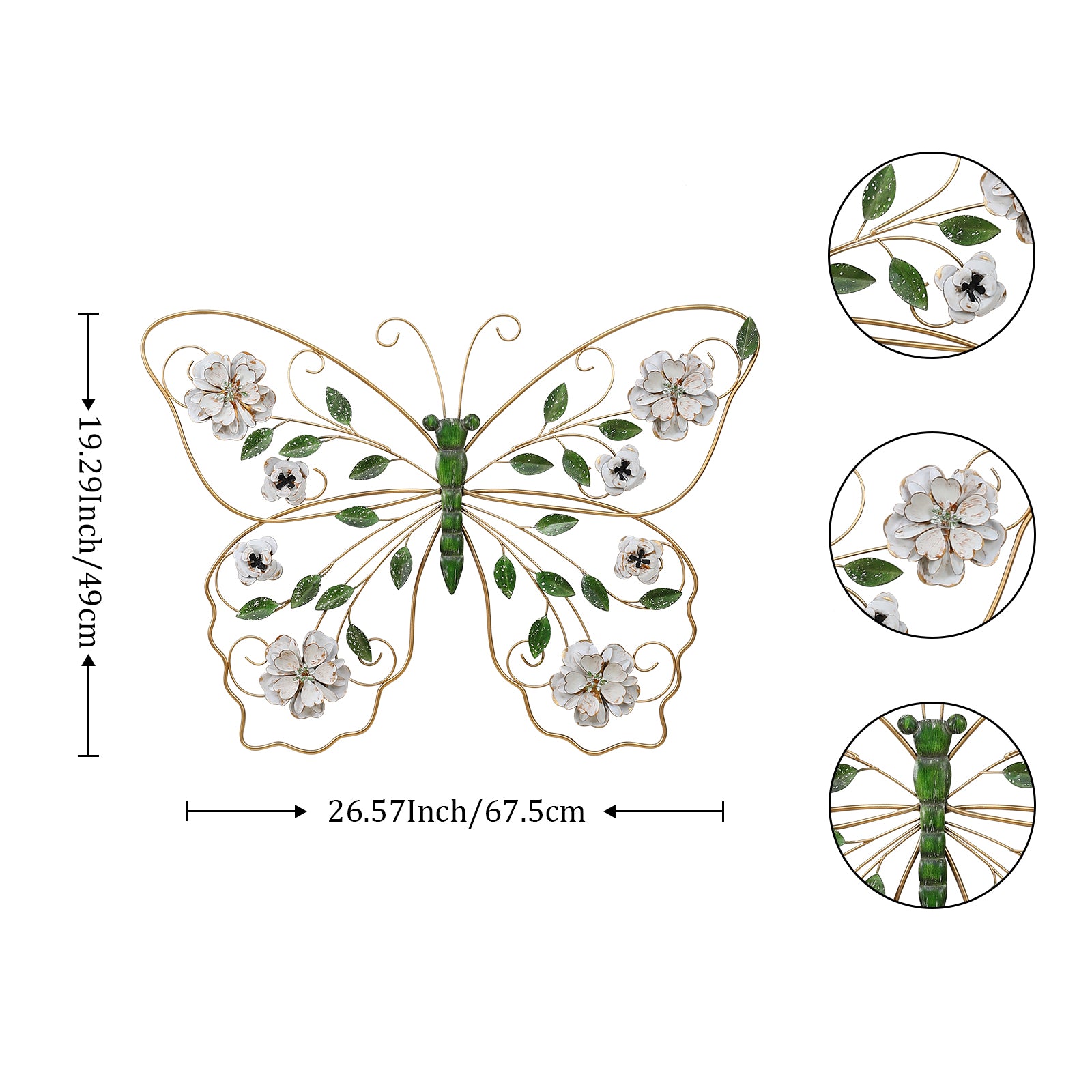 Kenvary 24" Gold Metal Butterfly Wall Art Decor with Distressed White Flowers & Green Leaves, 3D Hanging Sculpture for Living Room & Bedroom