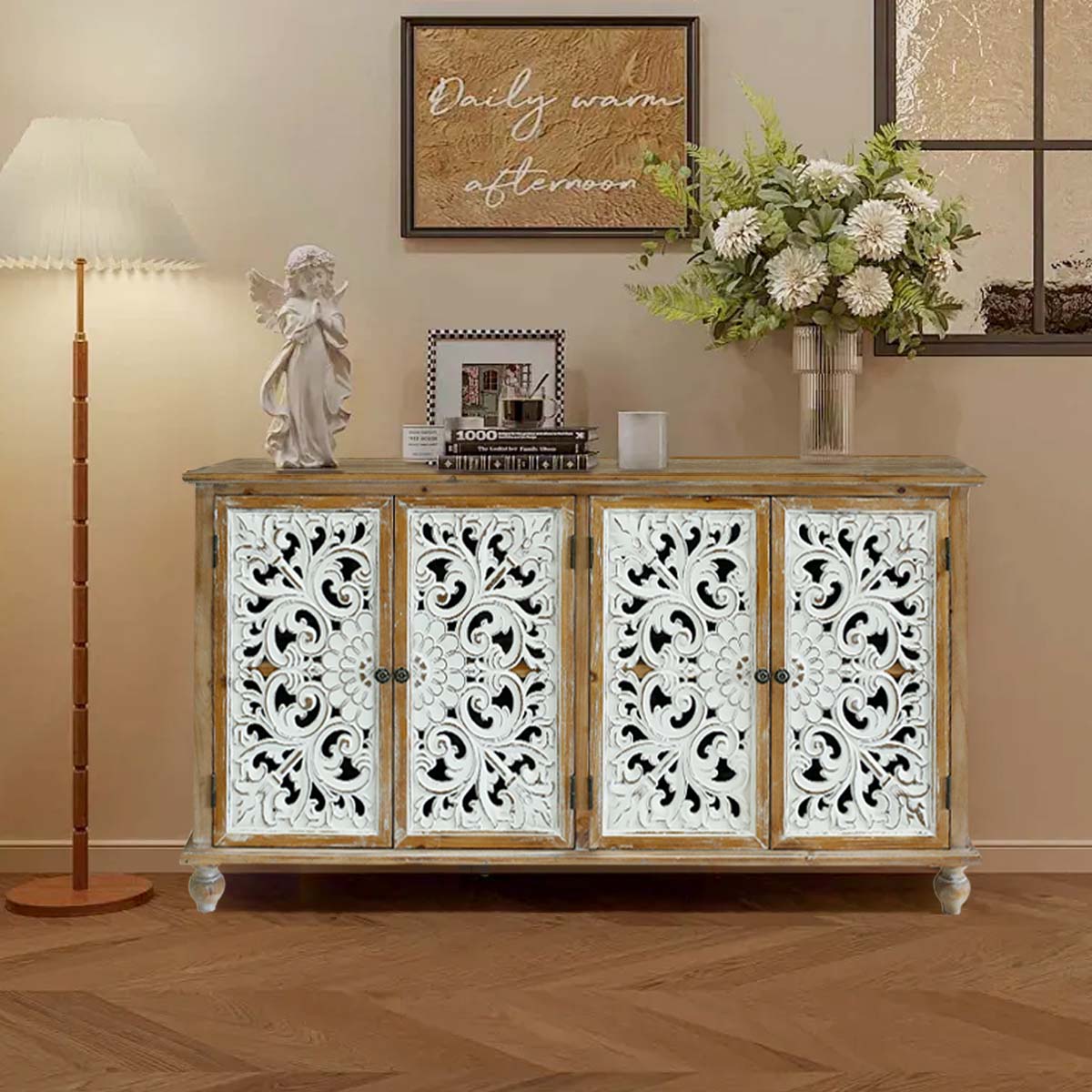 Kenvary Rustic Hand-Carved 4-Door Sideboard Buffet Cabinet, Distressed Wood Credenza Console Table with Bohemian Floral Cutout Doors, Free-Standing Accent Storage Organizer for Dining Room & Entryway