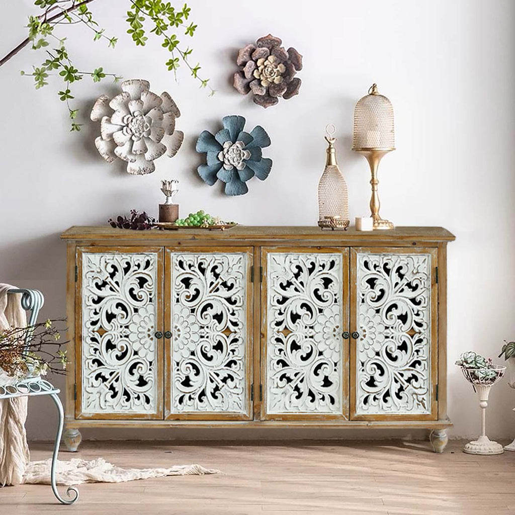 Kenvary Rustic Hand-Carved 4-Door Sideboard Buffet Cabinet, Distressed Wood Credenza Console Table with Bohemian Floral Cutout Doors, Free-Standing Accent Storage Organizer for Dining Room & Entryway