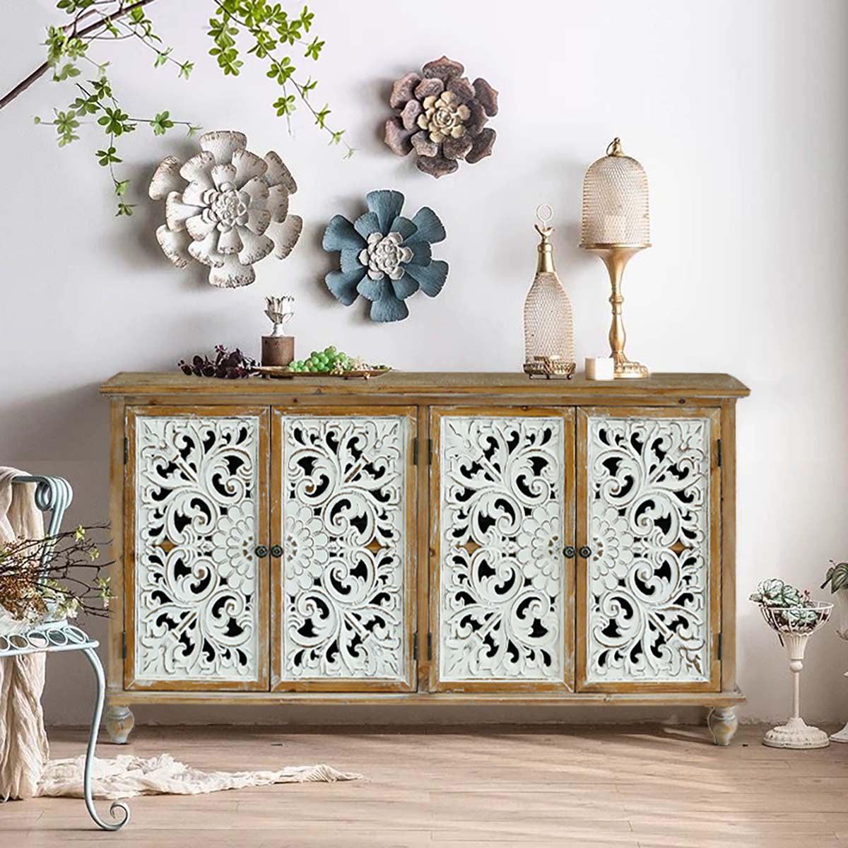 Kenvary Rustic Hand-Carved 4-Door Sideboard Buffet Cabinet, Distressed Wood Credenza Console Table with Bohemian Floral Cutout Doors, Free-Standing Accent Storage Organizer for Dining Room & Entryway