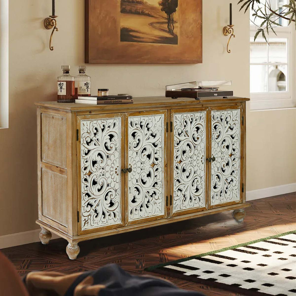 Kenvary Rustic Hand-Carved 4-Door Sideboard Buffet Cabinet, Distressed Wood Credenza Console Table with Bohemian Floral Cutout Doors, Free-Standing Accent Storage Organizer for Dining Room & Entryway