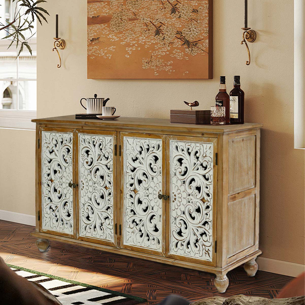 Kenvary Rustic Hand-Carved 4-Door Sideboard Buffet Cabinet, Distressed Wood Credenza Console Table with Bohemian Floral Cutout Doors, Free-Standing Accent Storage Organizer for Dining Room & Entryway