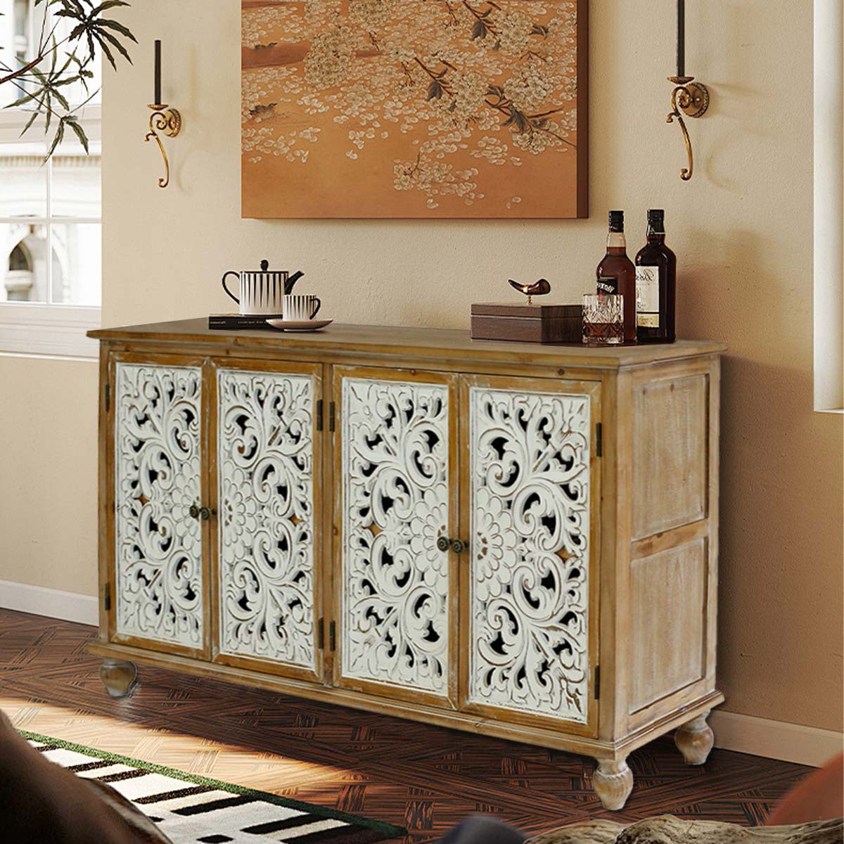Kenvary Rustic Hand-Carved 4-Door Sideboard Buffet Cabinet, Distressed Wood Credenza Console Table with Bohemian Floral Cutout Doors, Free-Standing Accent Storage Organizer for Dining Room & Entryway