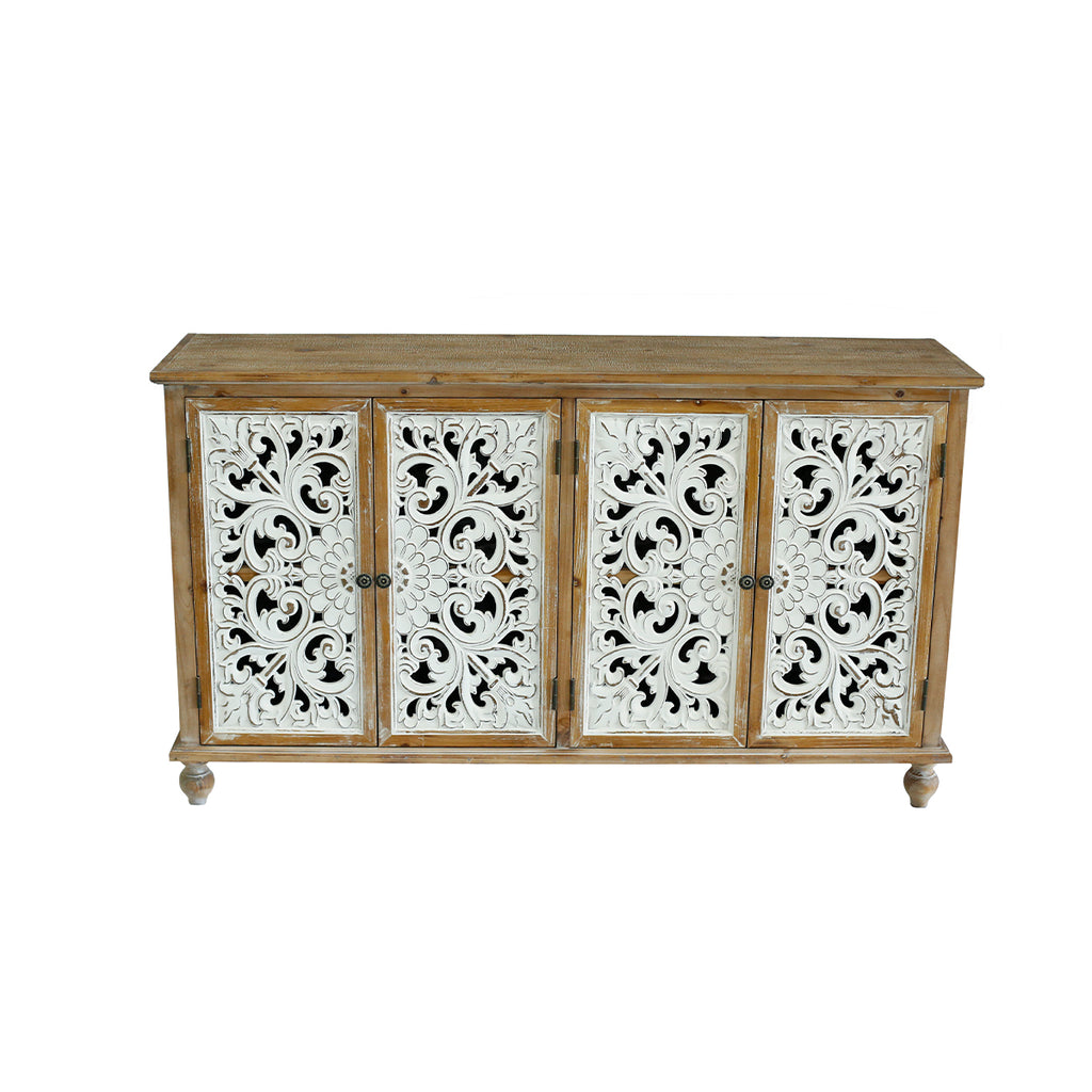 Kenvary Rustic Hand-Carved 4-Door Sideboard Buffet Cabinet, Distressed Wood Credenza Console Table with Bohemian Floral Cutout Doors, Free-Standing Accent Storage Organizer for Dining Room & Entryway