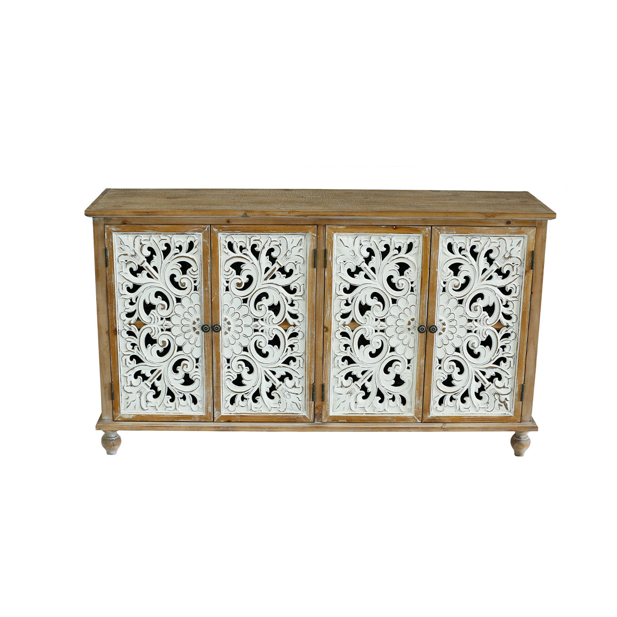 Kenvary Rustic Hand-Carved 4-Door Sideboard Buffet Cabinet, Distressed Wood Credenza Console Table with Bohemian Floral Cutout Doors, Free-Standing Accent Storage Organizer for Dining Room & Entryway