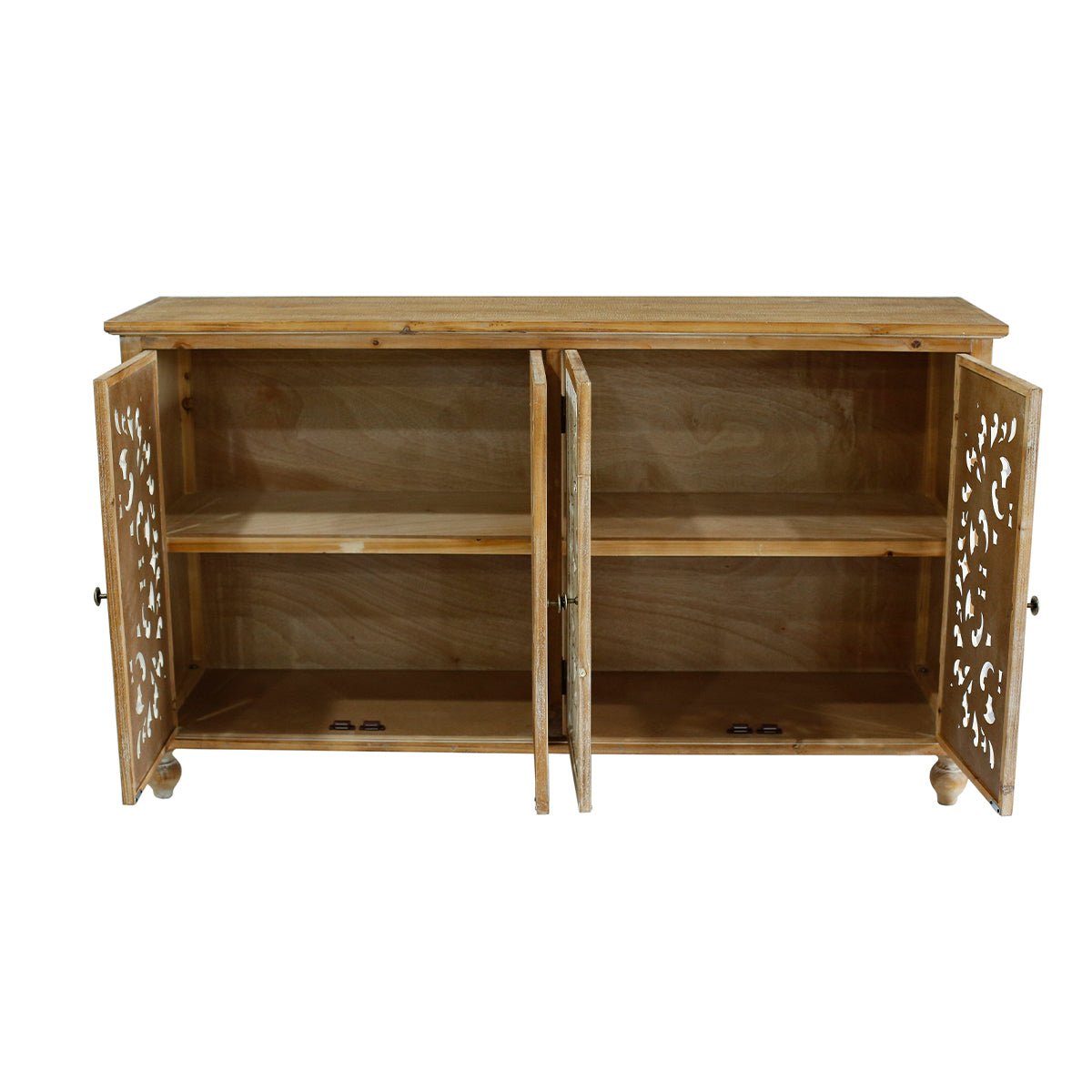 Kenvary Rustic Hand-Carved 4-Door Sideboard Buffet Cabinet, Distressed Wood Credenza Console Table with Bohemian Floral Cutout Doors, Free-Standing Accent Storage Organizer for Dining Room & Entryway