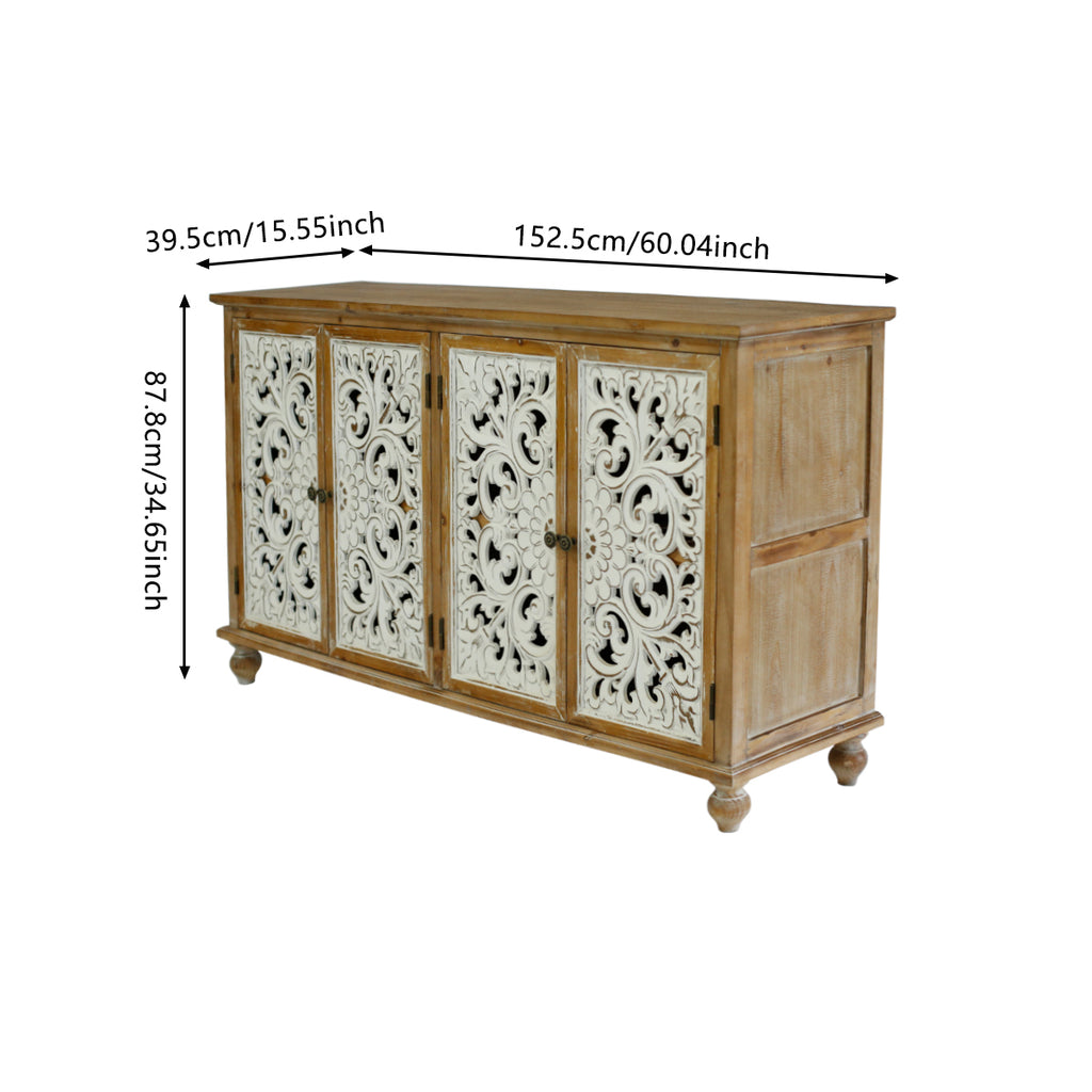 Kenvary Rustic Hand-Carved 4-Door Sideboard Buffet Cabinet, Distressed Wood Credenza Console Table with Bohemian Floral Cutout Doors, Free-Standing Accent Storage Organizer for Dining Room & Entryway