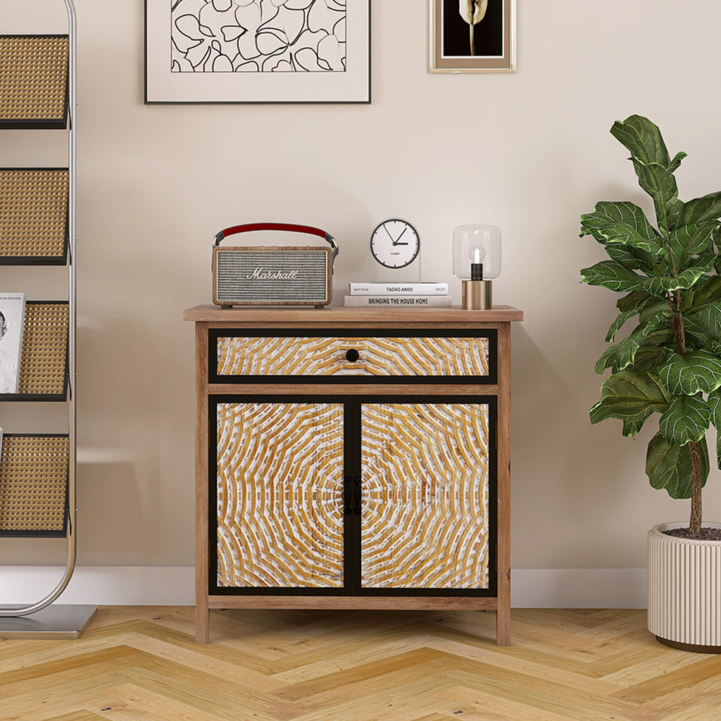 Kenvary Rustic Hand-Carved Accent Storage Cabinet, Bohemian Mid-Century 2-Door Sideboard with 1 Drawer, Textured Sunburst Wood Credenza Console Table for Entryway, Living Room & Bedroom