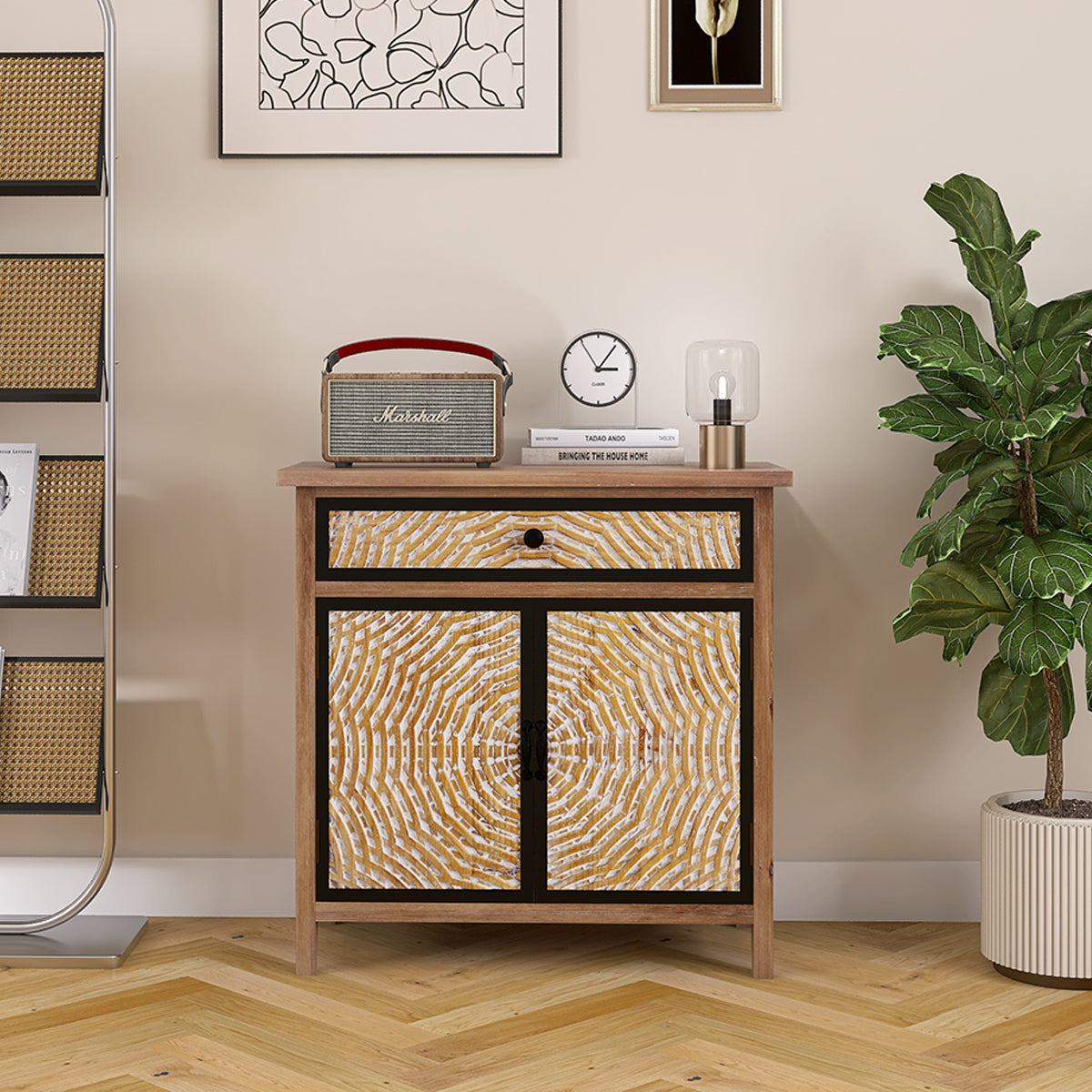 Kenvary Rustic Hand-Carved Accent Storage Cabinet, Bohemian Mid-Century 2-Door Sideboard with 1 Drawer, Textured Sunburst Wood Credenza Console Table for Entryway, Living Room & Bedroom
