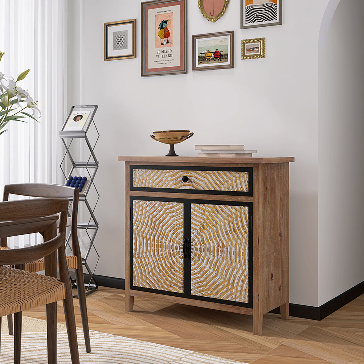 Kenvary Rustic Hand-Carved Accent Storage Cabinet, Bohemian Mid-Century 2-Door Sideboard with 1 Drawer, Textured Sunburst Wood Credenza Console Table for Entryway, Living Room & Bedroom
