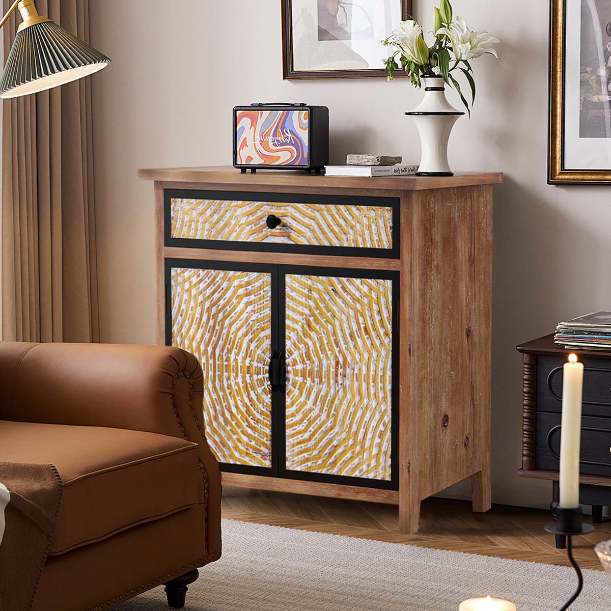 Kenvary Rustic Hand-Carved Accent Storage Cabinet, Bohemian Mid-Century 2-Door Sideboard with 1 Drawer, Textured Sunburst Wood Credenza Console Table for Entryway, Living Room & Bedroom