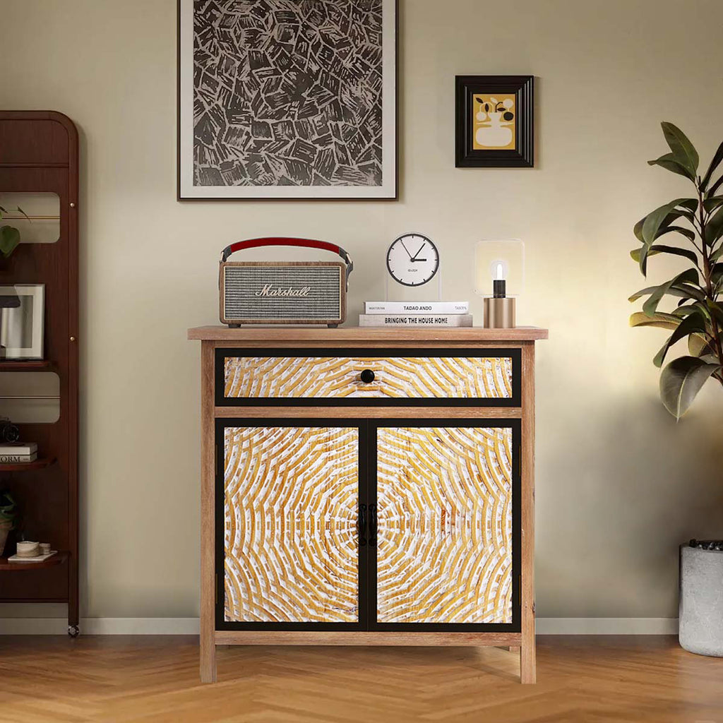 Kenvary Rustic Hand-Carved Accent Storage Cabinet, Bohemian Mid-Century 2-Door Sideboard with 1 Drawer, Textured Sunburst Wood Credenza Console Table for Entryway, Living Room & Bedroom