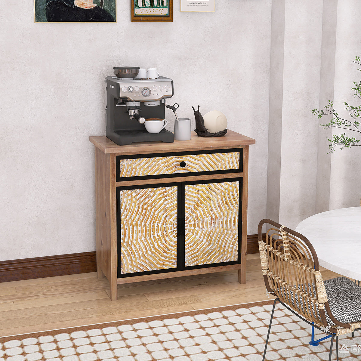 Kenvary Rustic Hand-Carved Accent Storage Cabinet, Bohemian Mid-Century 2-Door Sideboard with 1 Drawer, Textured Sunburst Wood Credenza Console Table for Entryway, Living Room & Bedroom