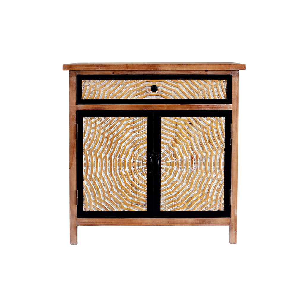 Kenvary Rustic Hand-Carved Accent Storage Cabinet, Bohemian Mid-Century 2-Door Sideboard with 1 Drawer, Textured Sunburst Wood Credenza Console Table for Entryway, Living Room & Bedroom