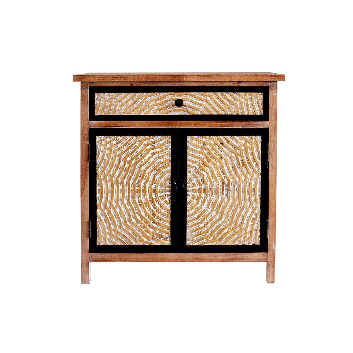 Kenvary Rustic Hand-Carved Accent Storage Cabinet, Bohemian Mid-Century 2-Door Sideboard with 1 Drawer, Textured Sunburst Wood Credenza Console Table for Entryway, Living Room & Bedroom
