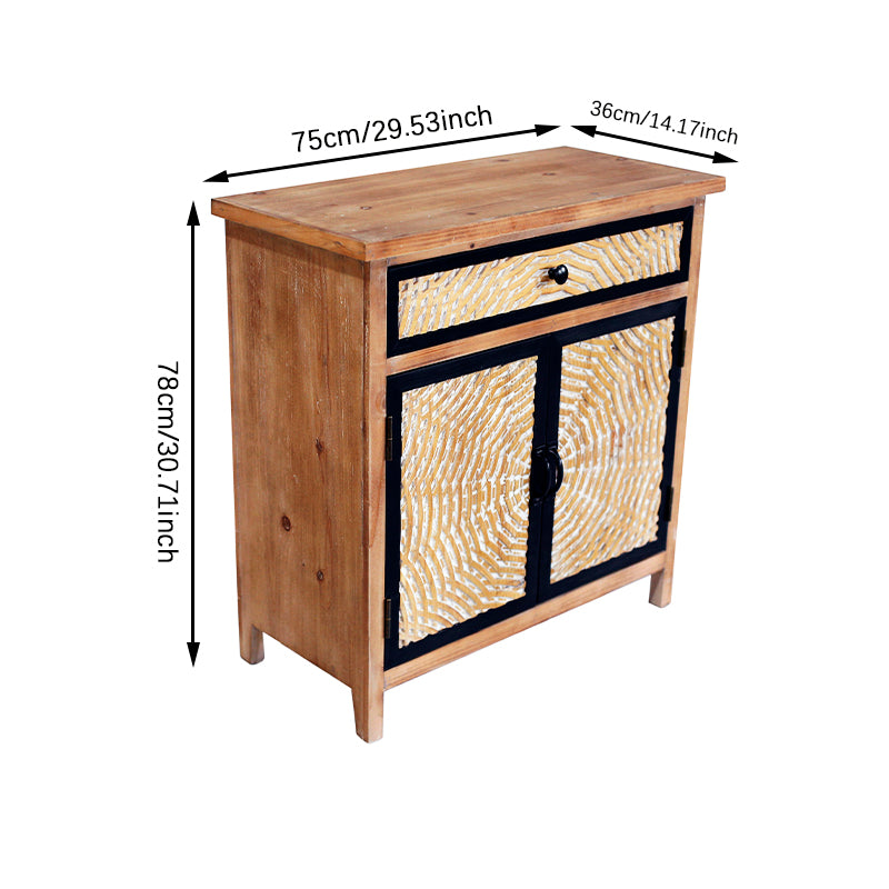 Kenvary Rustic Hand-Carved Accent Storage Cabinet, Bohemian Mid-Century 2-Door Sideboard with 1 Drawer, Textured Sunburst Wood Credenza Console Table for Entryway, Living Room & Bedroom