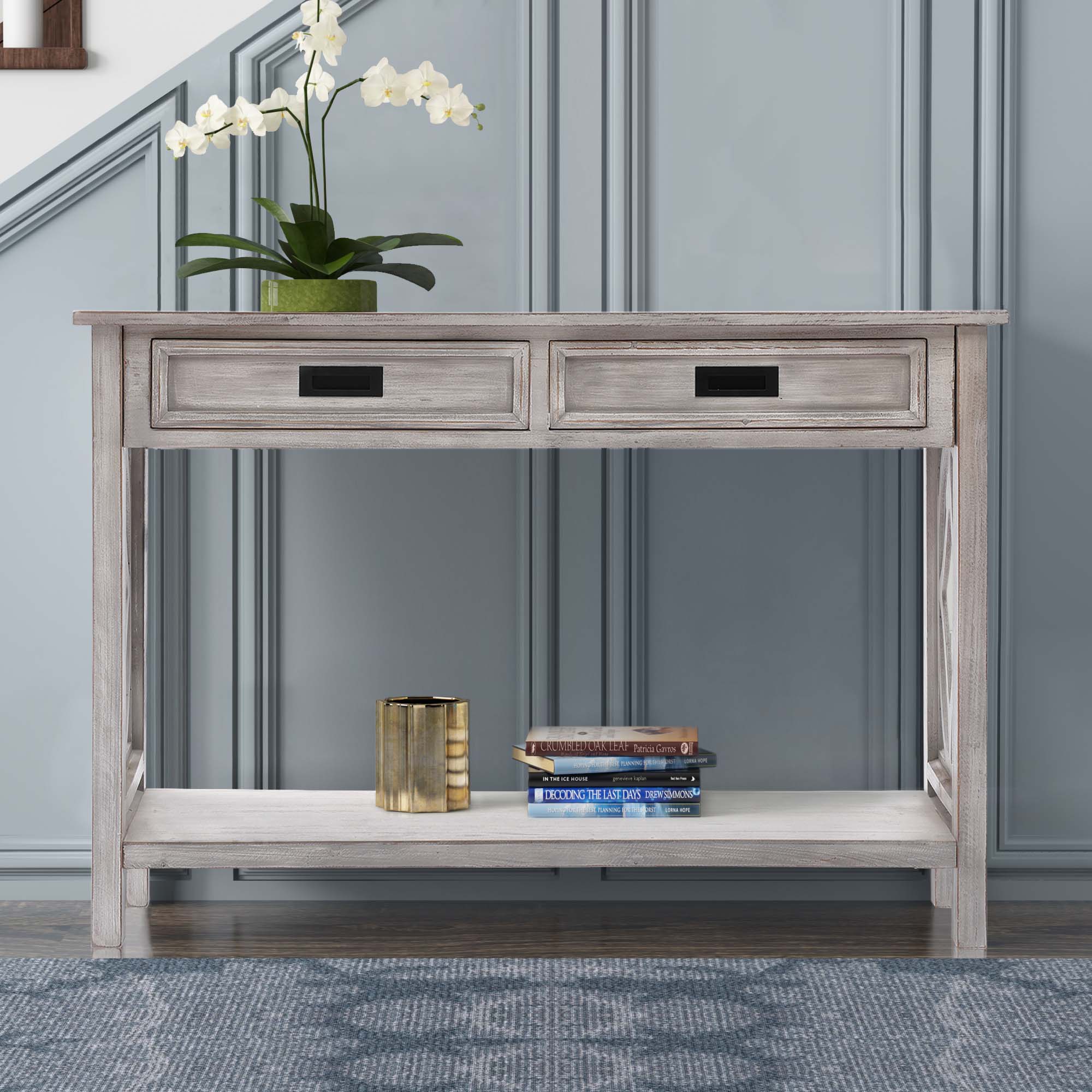 Kenvary Rustic Wood Console Table with 2 Drawers, Coastal Farmhouse Sofa Table with Open Storage Shelf & Geometric Cutout Sides, Distressed White-Washed Entryway Accent Credenza for Living Room & Hallway
