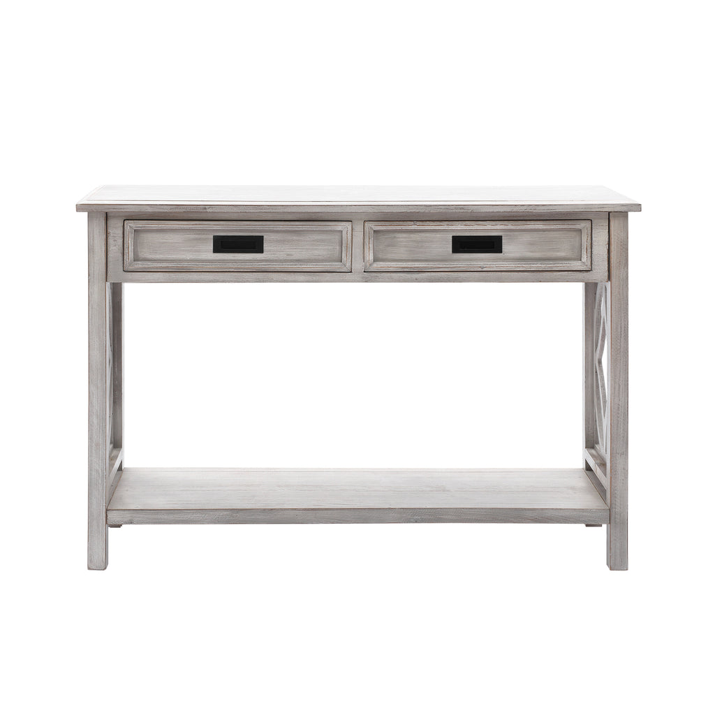 Kenvary Rustic Wood Console Table with 2 Drawers, Coastal Farmhouse Sofa Table with Open Storage Shelf & Geometric Cutout Sides, Distressed White-Washed Entryway Accent Credenza for Living Room & Hallway