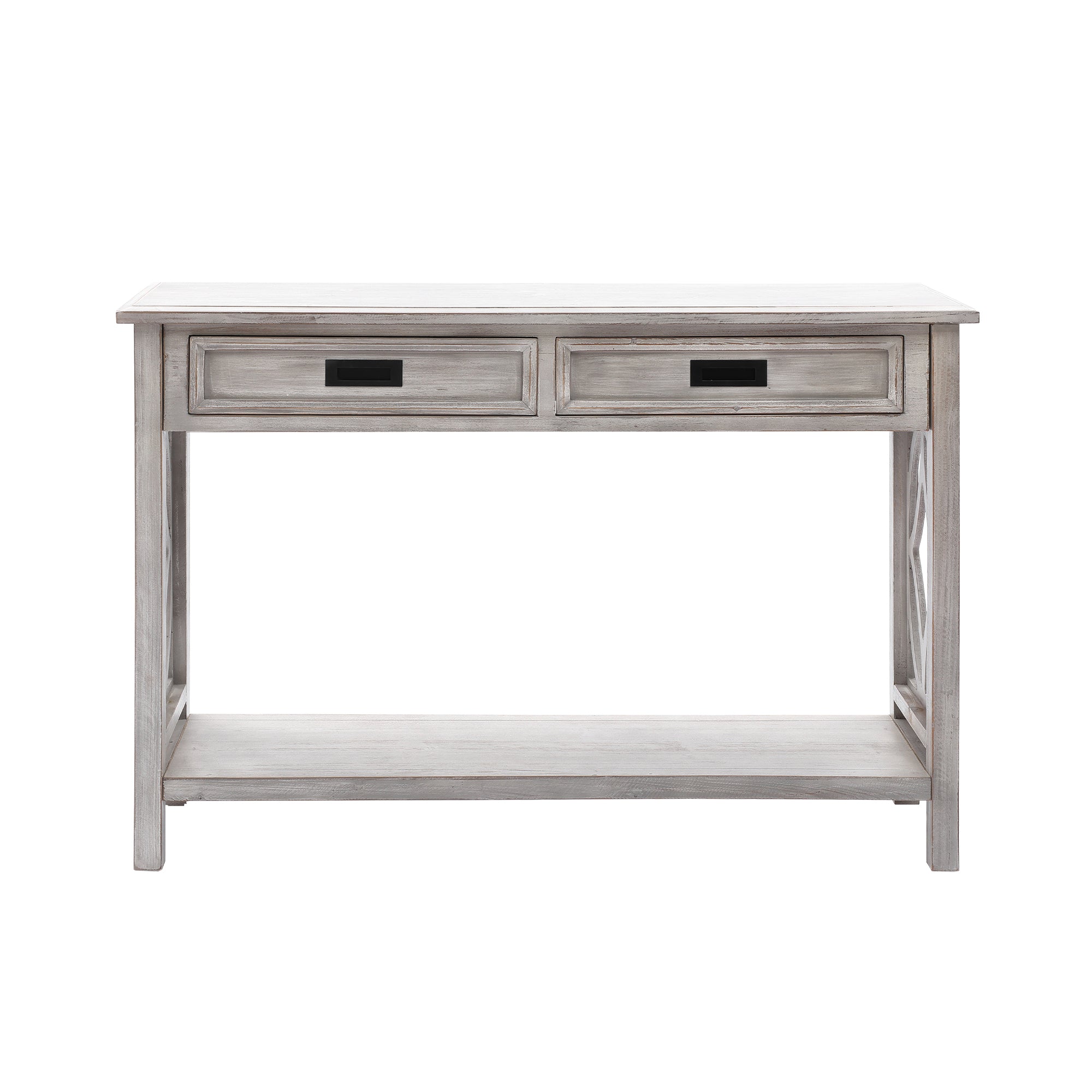 Kenvary Rustic Wood Console Table with 2 Drawers, Coastal Farmhouse Sofa Table with Open Storage Shelf & Geometric Cutout Sides, Distressed White-Washed Entryway Accent Credenza for Living Room & Hallway