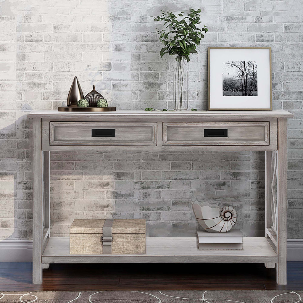 Kenvary Rustic Wood Console Table with 2 Drawers, Coastal Farmhouse Sofa Table with Open Storage Shelf & Geometric Cutout Sides, Distressed White-Washed Entryway Accent Credenza for Living Room & Hallway