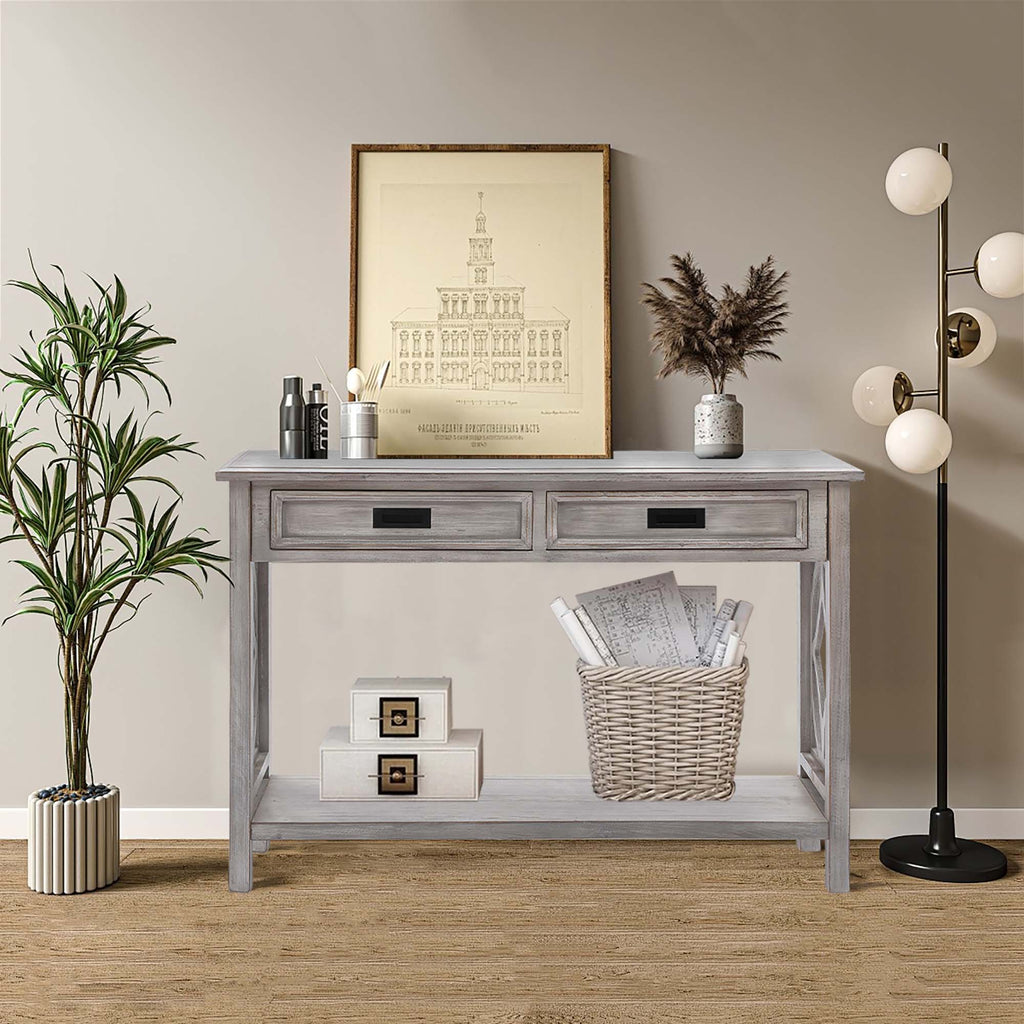 Kenvary Rustic Wood Console Table with 2 Drawers, Coastal Farmhouse Sofa Table with Open Storage Shelf & Geometric Cutout Sides, Distressed White-Washed Entryway Accent Credenza for Living Room & Hallway