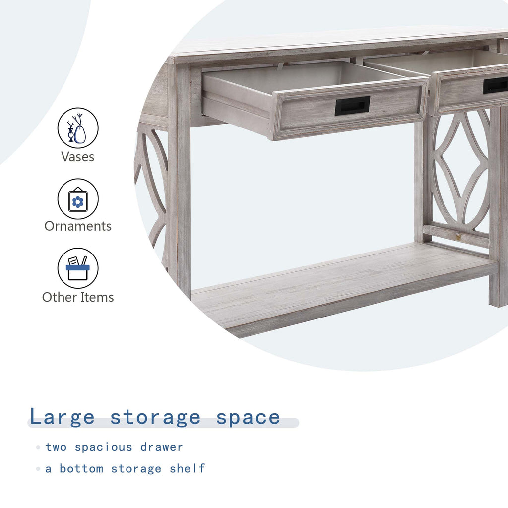 Kenvary Rustic Wood Console Table with 2 Drawers, Coastal Farmhouse Sofa Table with Open Storage Shelf & Geometric Cutout Sides, Distressed White-Washed Entryway Accent Credenza for Living Room & Hallway
